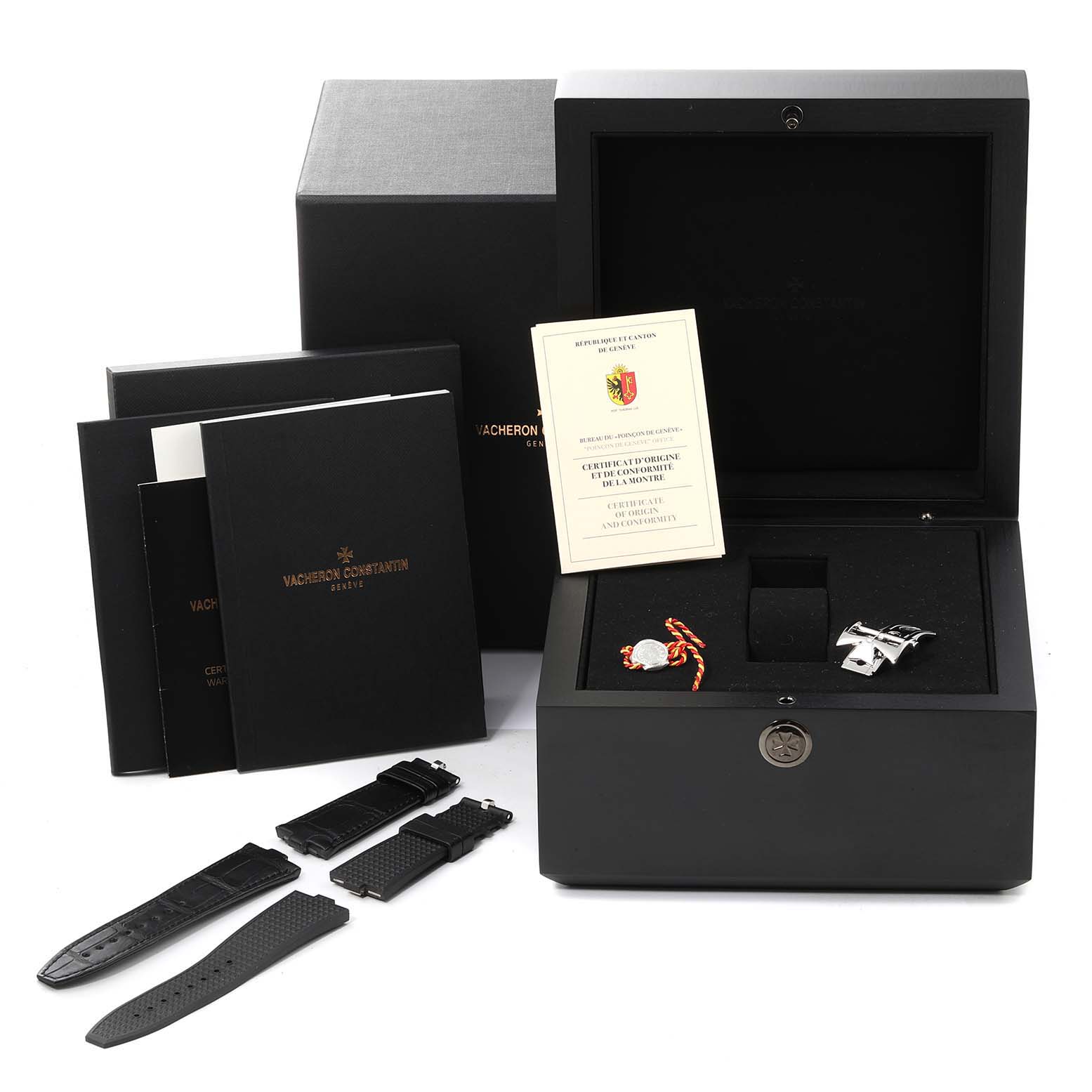 The image shows a Vacheron Constantin Overseas 4500V/110A Men's Stainless Steel Black Dial 4500V/110A Men's Stainless Steel Black Dial watch set, including straps, certificates, and a presentation box, displayed at a slight angle.