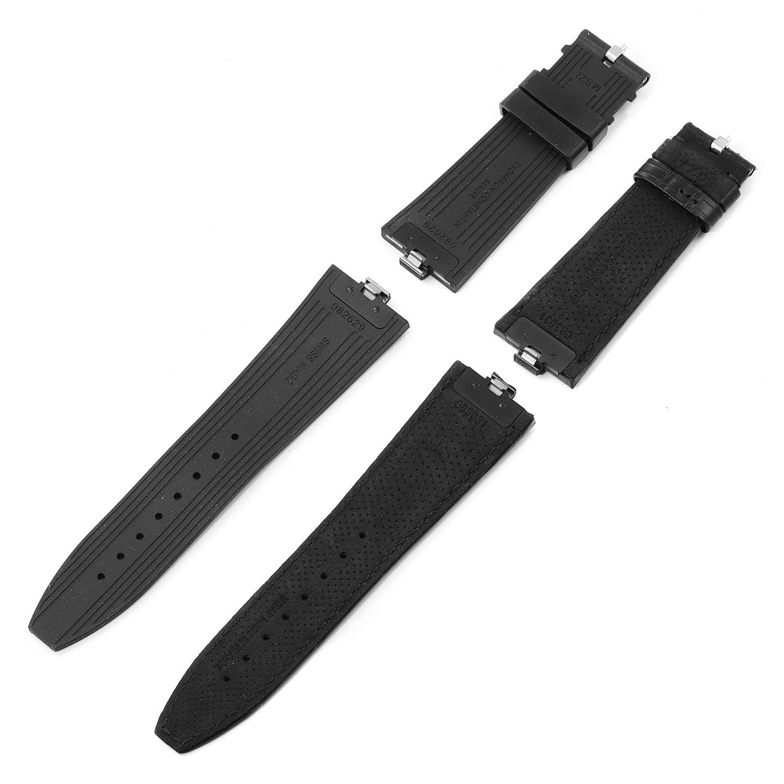 The image shows four black watch straps for the Vacheron Constantin Overseas 4500V/110A Men's Stainless Steel Black Dial 4500V/110A Men's Stainless Steel Black Dial model, laid flat.