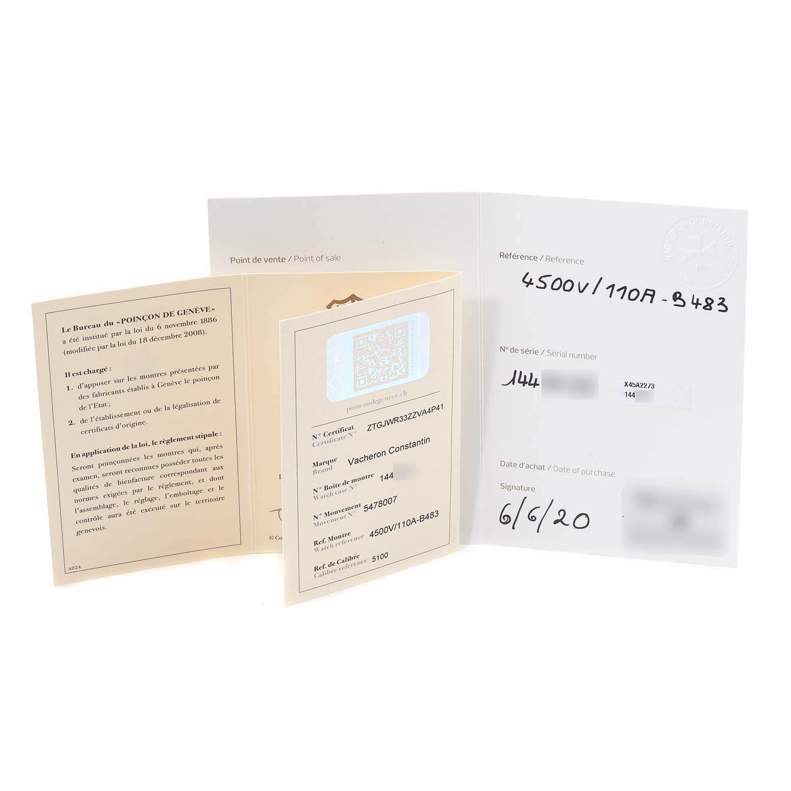 The image shows warranty and certification documents for the Vacheron Constantin Overseas 4500V/110A Men's Stainless Steel Black Dial 4500V/110A Men's Stainless Steel Black Dial model 4500V/110A-B483.