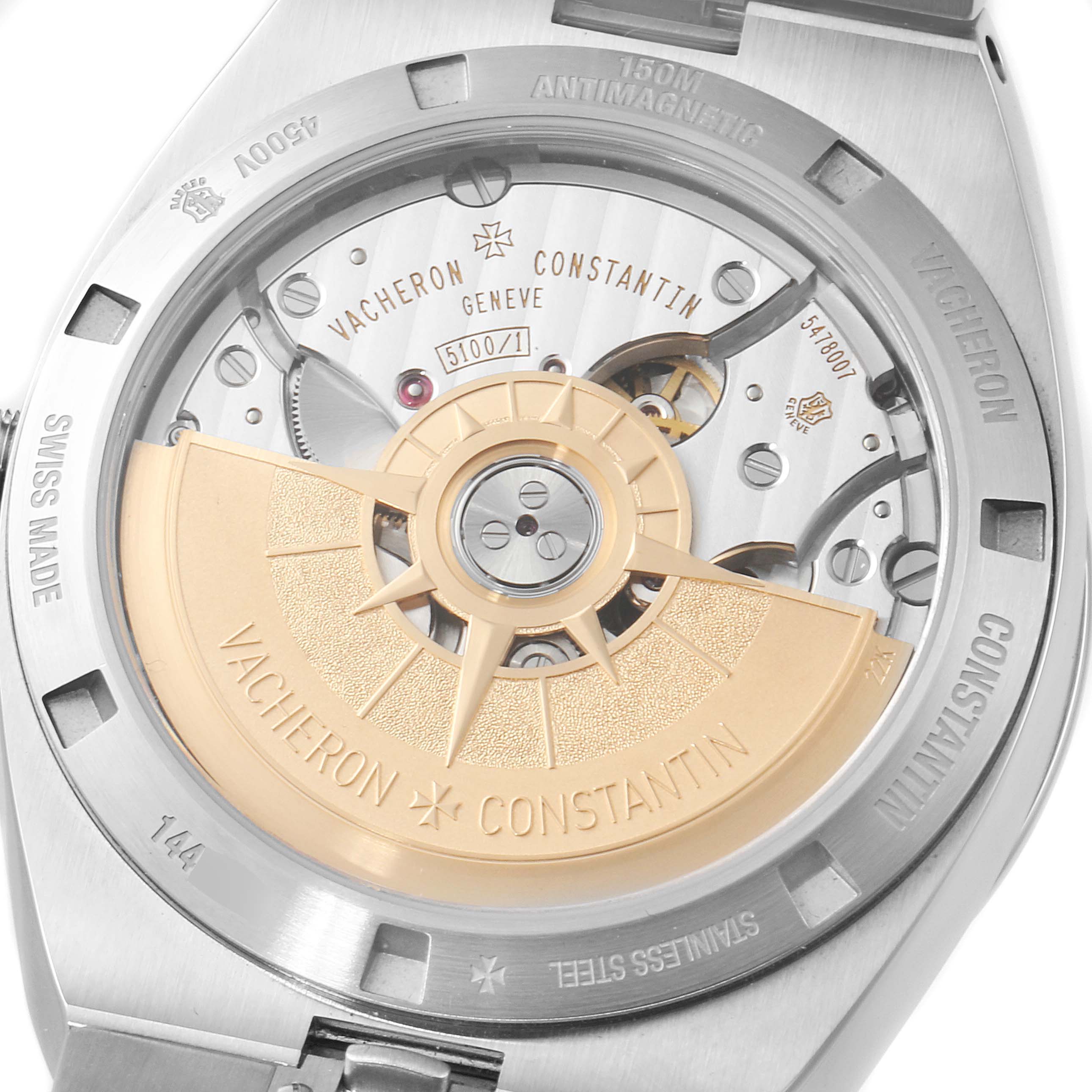 The image shows the back of the Vacheron Constantin Overseas 4500V/110A Men's Stainless Steel Black Dial 4500V/110A Men's Stainless Steel Black Dial watch, highlighting its movement and rotor.