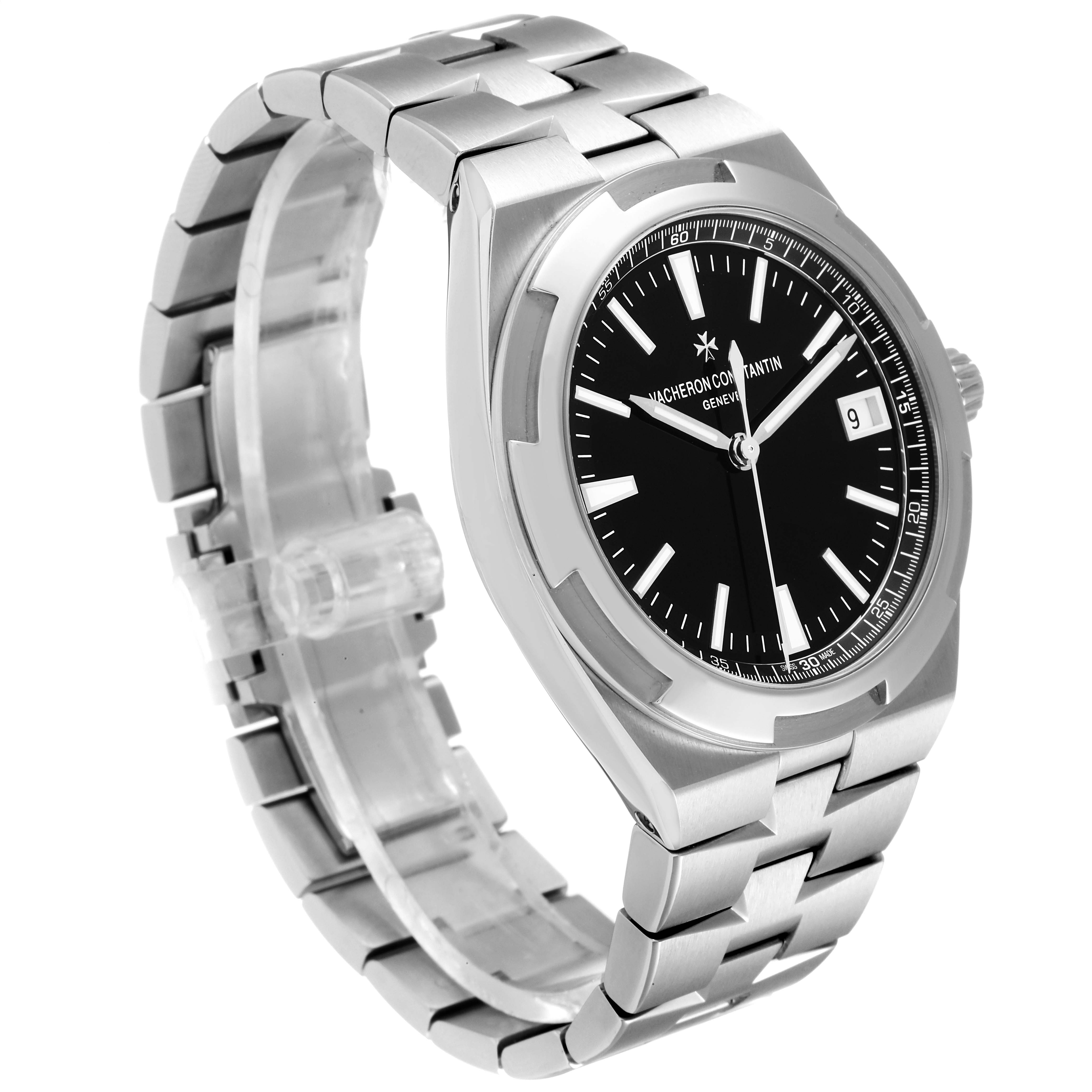 The image shows a Vacheron Constantin Overseas 4500V/110A Men's Stainless Steel Black Dial 4500V/110A Men's Stainless Steel Black Dial model watch angled to display its face, bracelet, and clasp.
