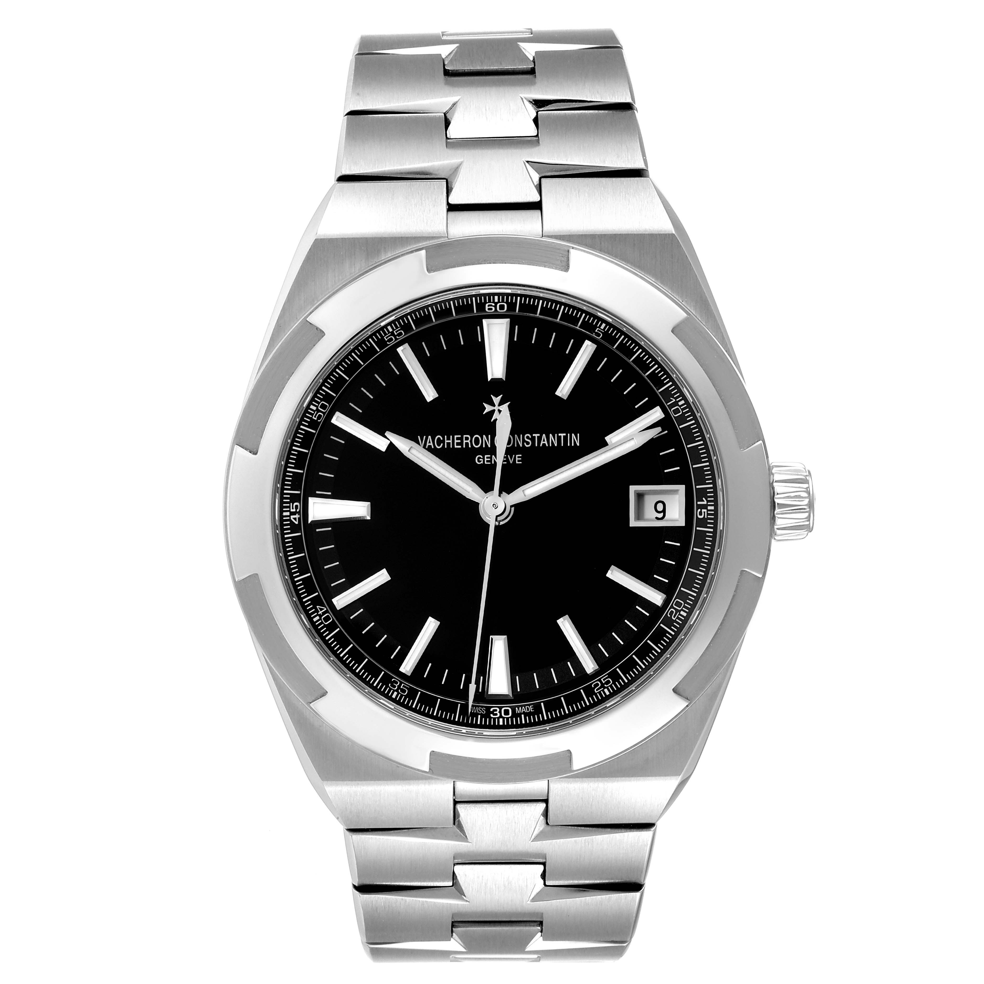 The image shows a front view of the Vacheron Constantin Overseas 4500V/110A Men's Stainless Steel Black Dial 4500V/110A Men's Stainless Steel Black Dial watch, highlighting its dial, bezel, and bracelet.
