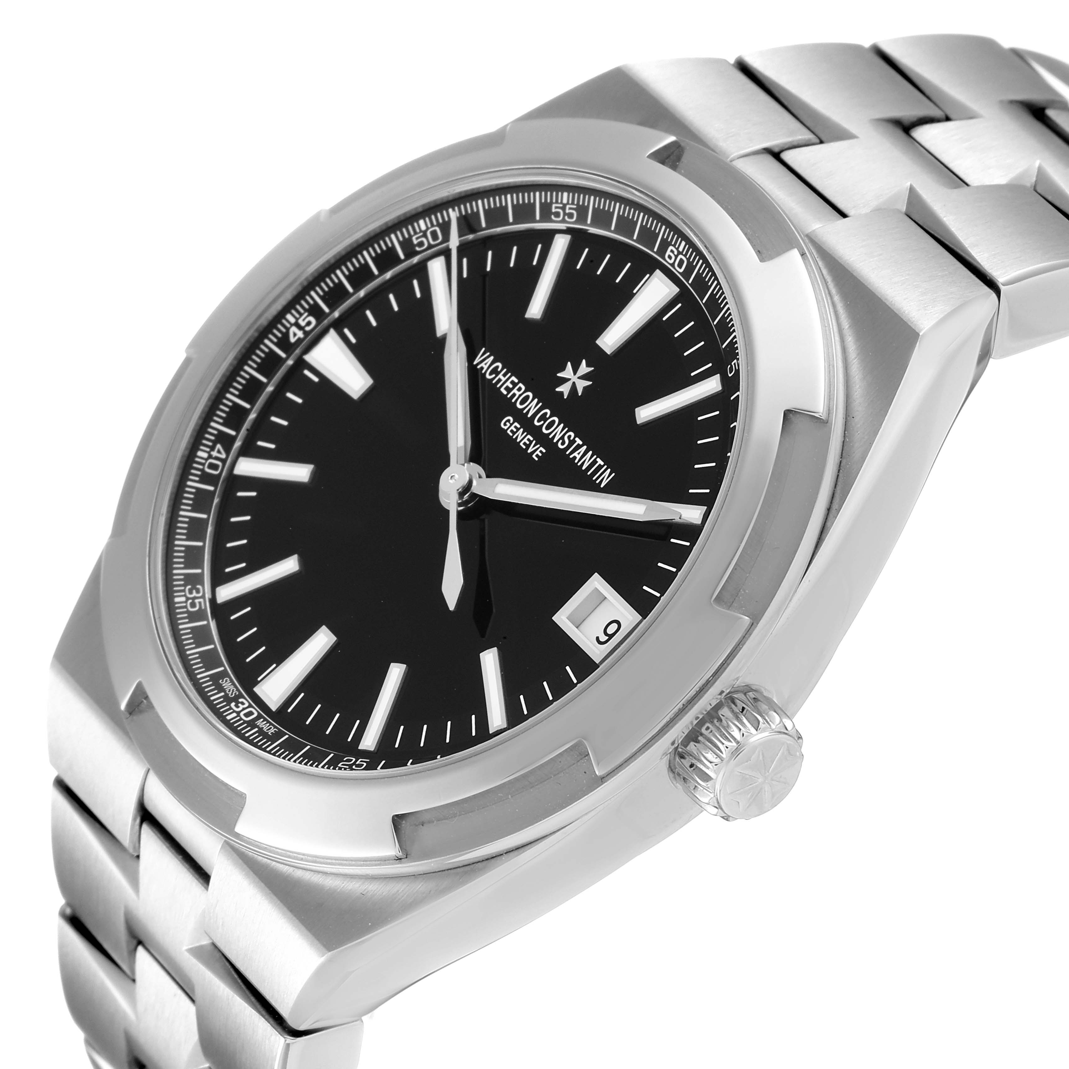 The Vacheron Constantin Overseas 4500V/110A Men's Stainless Steel Black Dial 4500V/110A Men's Stainless Steel Black Dial watch is shown at a three-quarter angle, highlighting the face, crown, and bracelet.