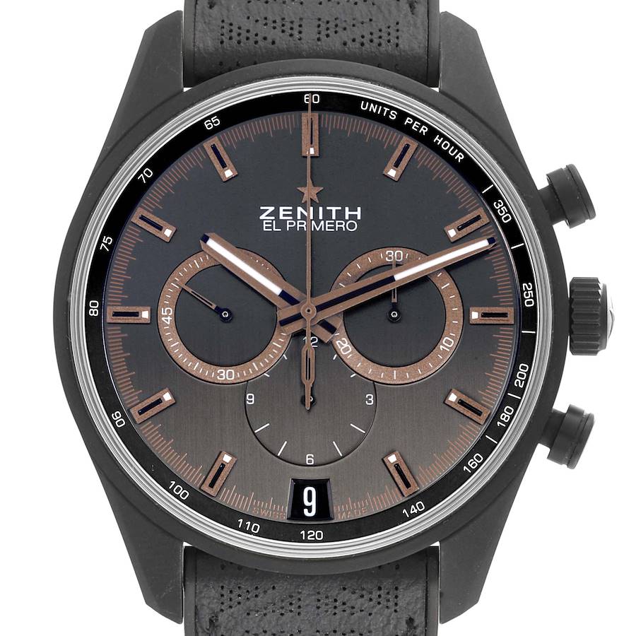 The Zenith Chronomaster watch is shown from a front angle, displaying its face, sub-dials, and side pushers.