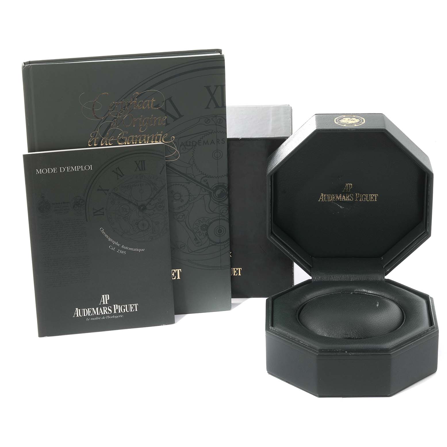 The image shows the packaging and accessories, including an octagonal box and user manuals, for the Audemars Piguet Royal Oak 25860ST.00.1110ST.01 Men's Stainless Steel Black Dial 25860ST.00.1110ST.01 Men's Stainless Steel Black Dial watch.