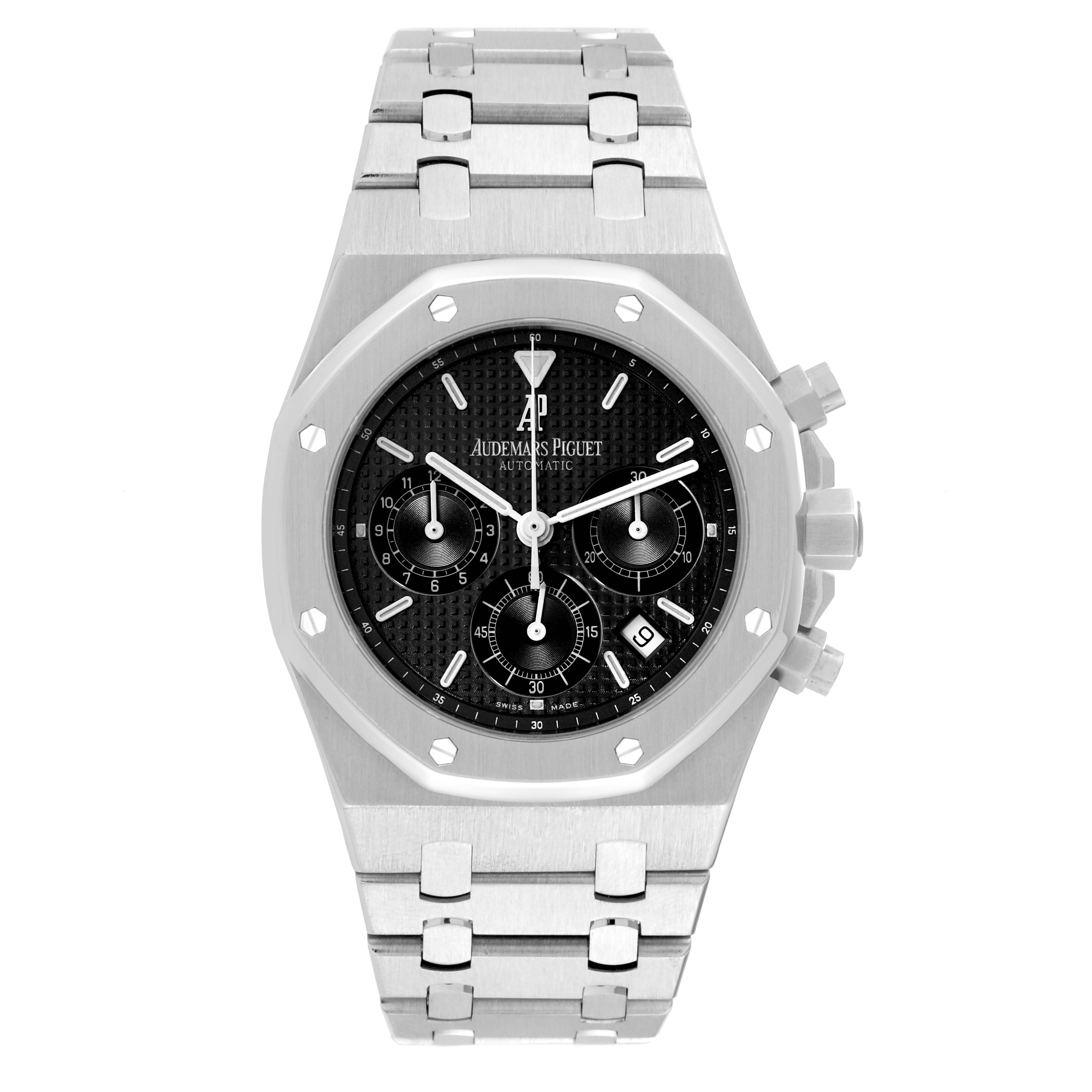 This image shows a front view of the Audemars Piguet Royal Oak 25860ST.00.1110ST.01 Men's Stainless Steel Black Dial 25860ST.00.1110ST.01 Men's Stainless Steel Black Dial watch, highlighting its face, bezel, and metal bracelet.
