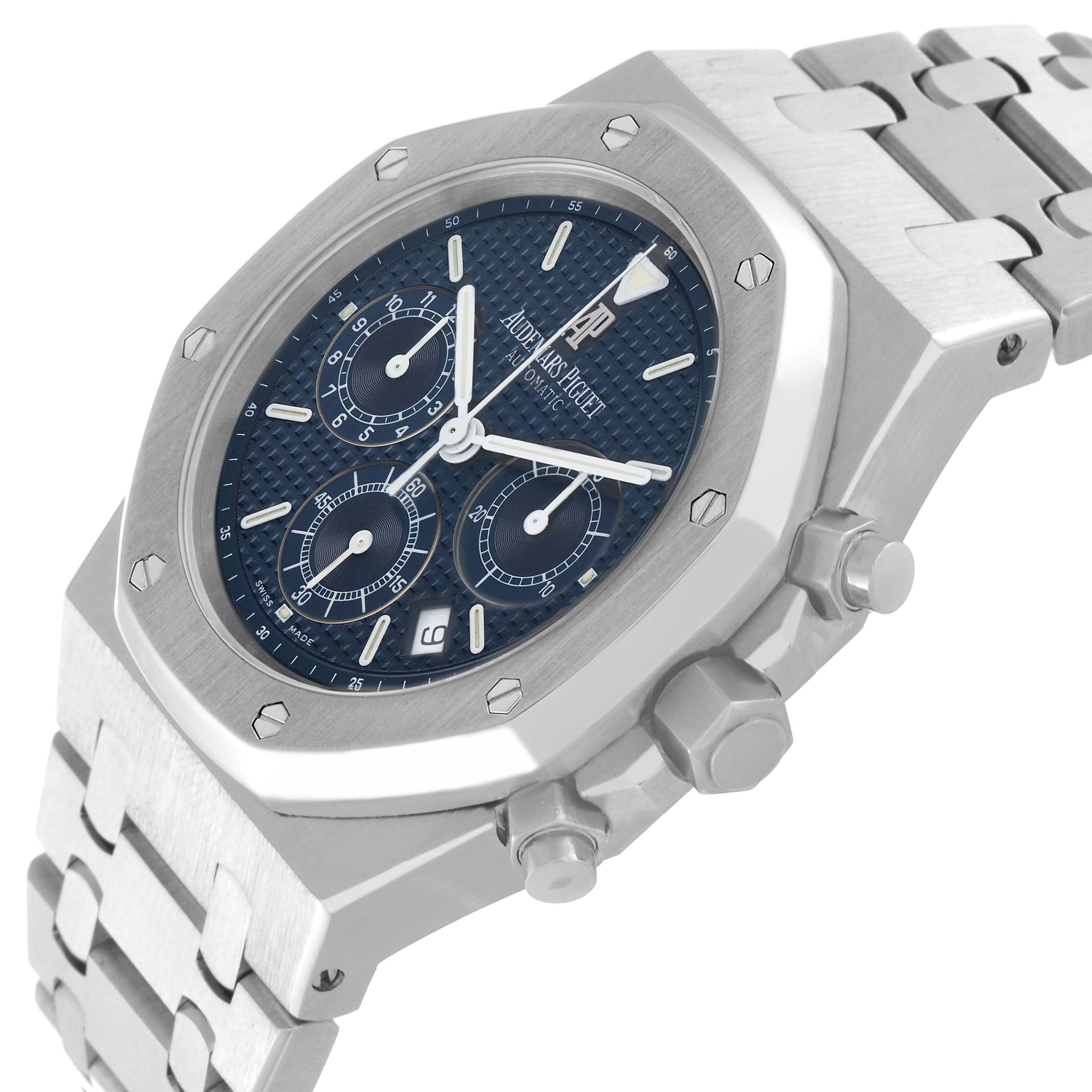 The Audemars Piguet Royal Oak 25860ST.00.1110ST.01 Men's Stainless Steel Blue Dial watch is shown at an angle showcasing the bezel, crown, pushers, dial, and part of the bracelet.