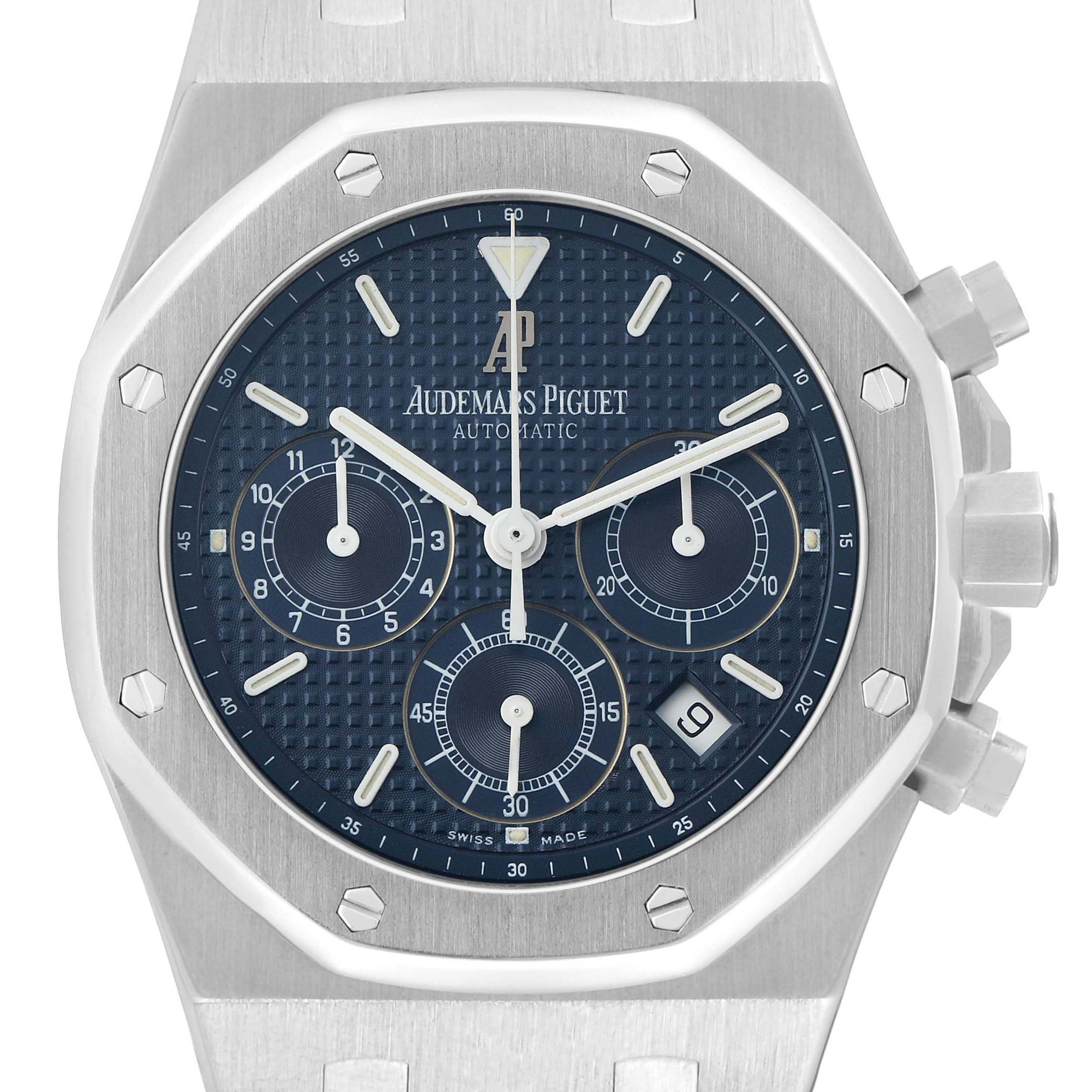 The image shows a front view of the Audemars Piguet Royal Oak 25860ST.00.1110ST.01 Men's Stainless Steel Blue Dial watch, highlighting its octagonal bezel, blue dial, and chronograph subdials.