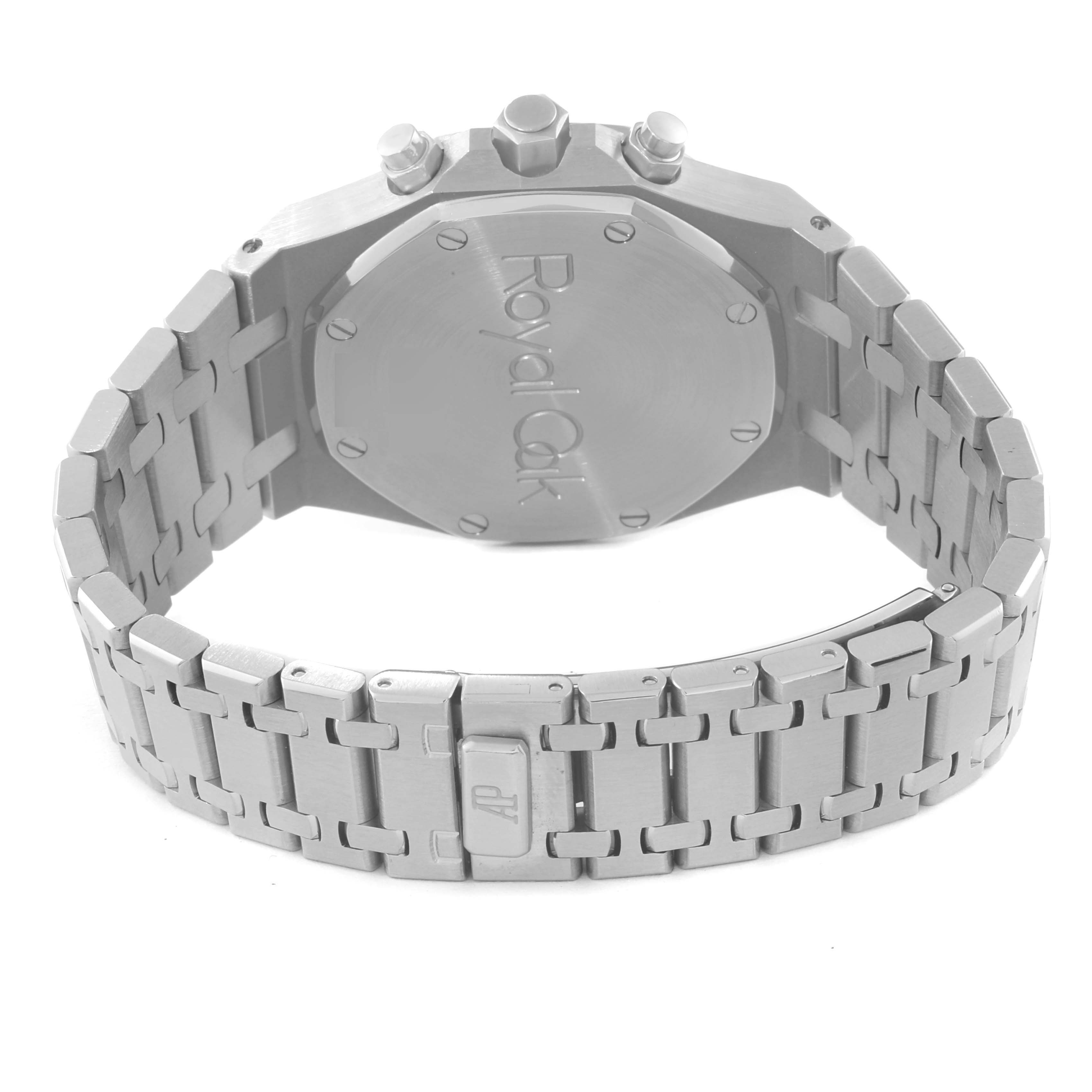 The image shows the back case and bracelet of the Audemars Piguet Royal Oak 25860ST.00.1110ST.01 Men's Stainless Steel Black Dial 25860ST.00.1110ST.01 Men's Stainless Steel Black Dial watch from a rear angle.