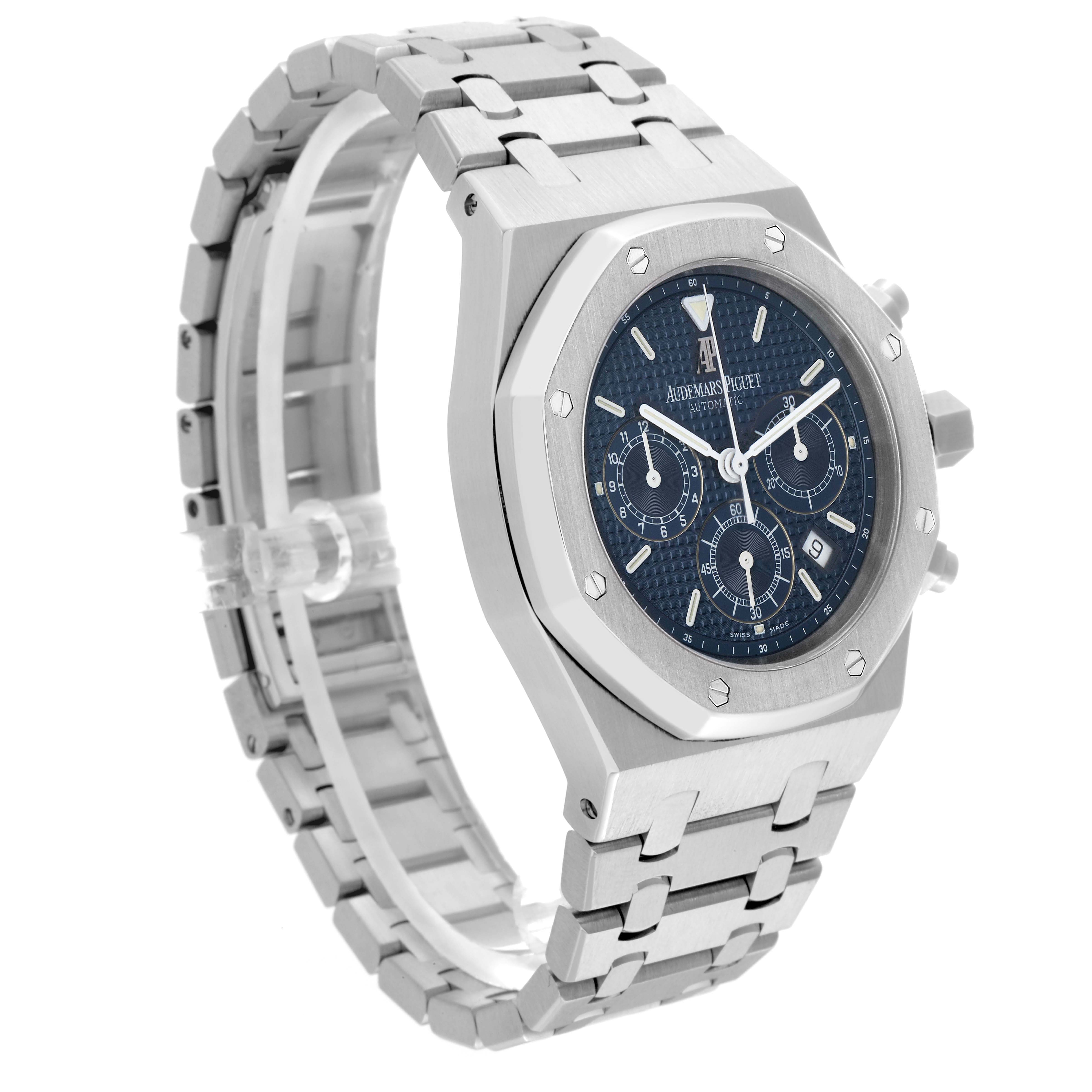 The Audemars Piguet Royal Oak 25860ST.00.1110ST.01 Men's Stainless Steel Blue Dial watch is shown at an angled side view, highlighting its octagonal bezel, bracelet, and chronograph dials.