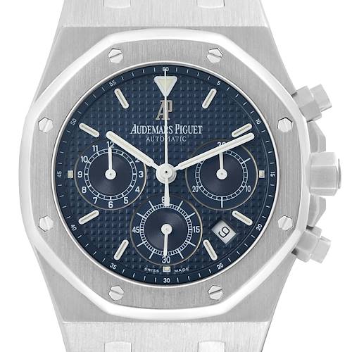 The image shows a front view of the Audemars Piguet Royal Oak 25860ST.00.1110ST.01 Men's Stainless Steel Blue Dial, highlighting the blue dial and chronograph sub-dials.