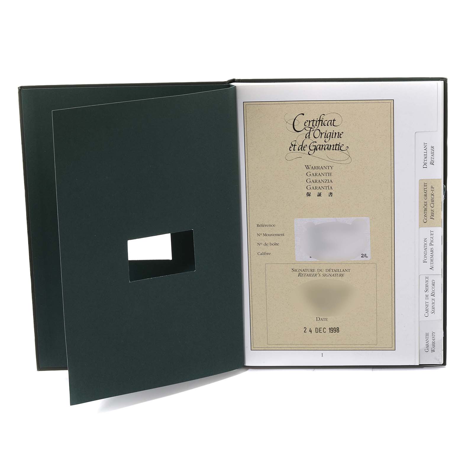 The image shows an open booklet containing warranty papers for an Audemars Piguet Royal Oak 25860ST.00.1110ST.01 Men's Stainless Steel Black Dial 25860ST.00.1110ST.01 Men's Stainless Steel Black Dial watch.