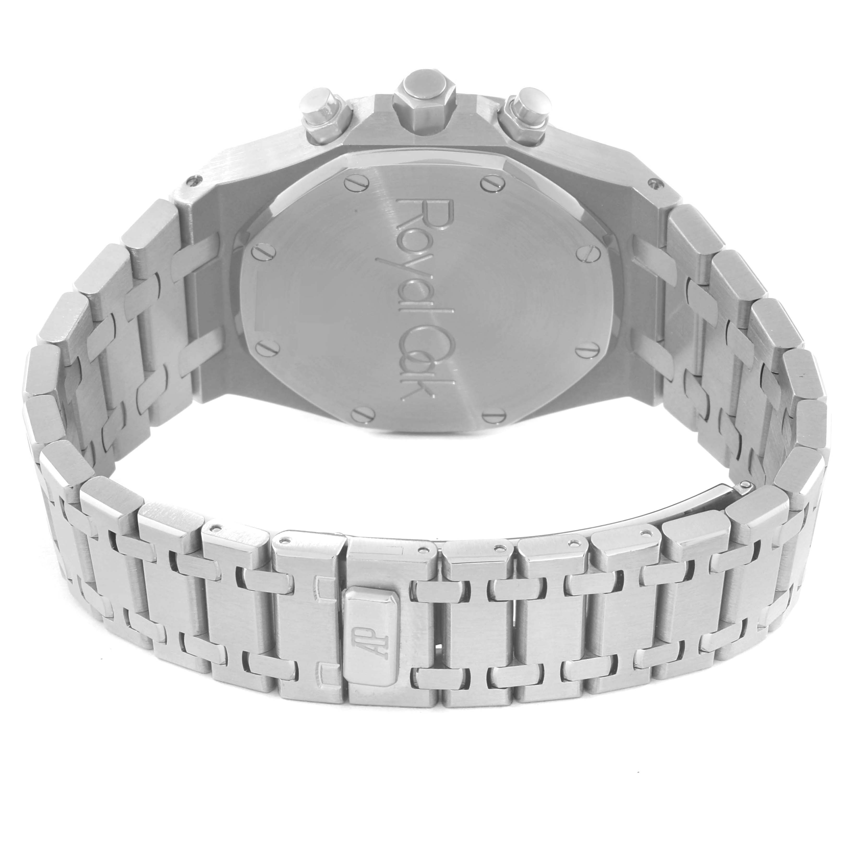 The image shows the back of a Royal Oak by Audemars Piguet, highlighting the case back, bracelet, and clasp.
