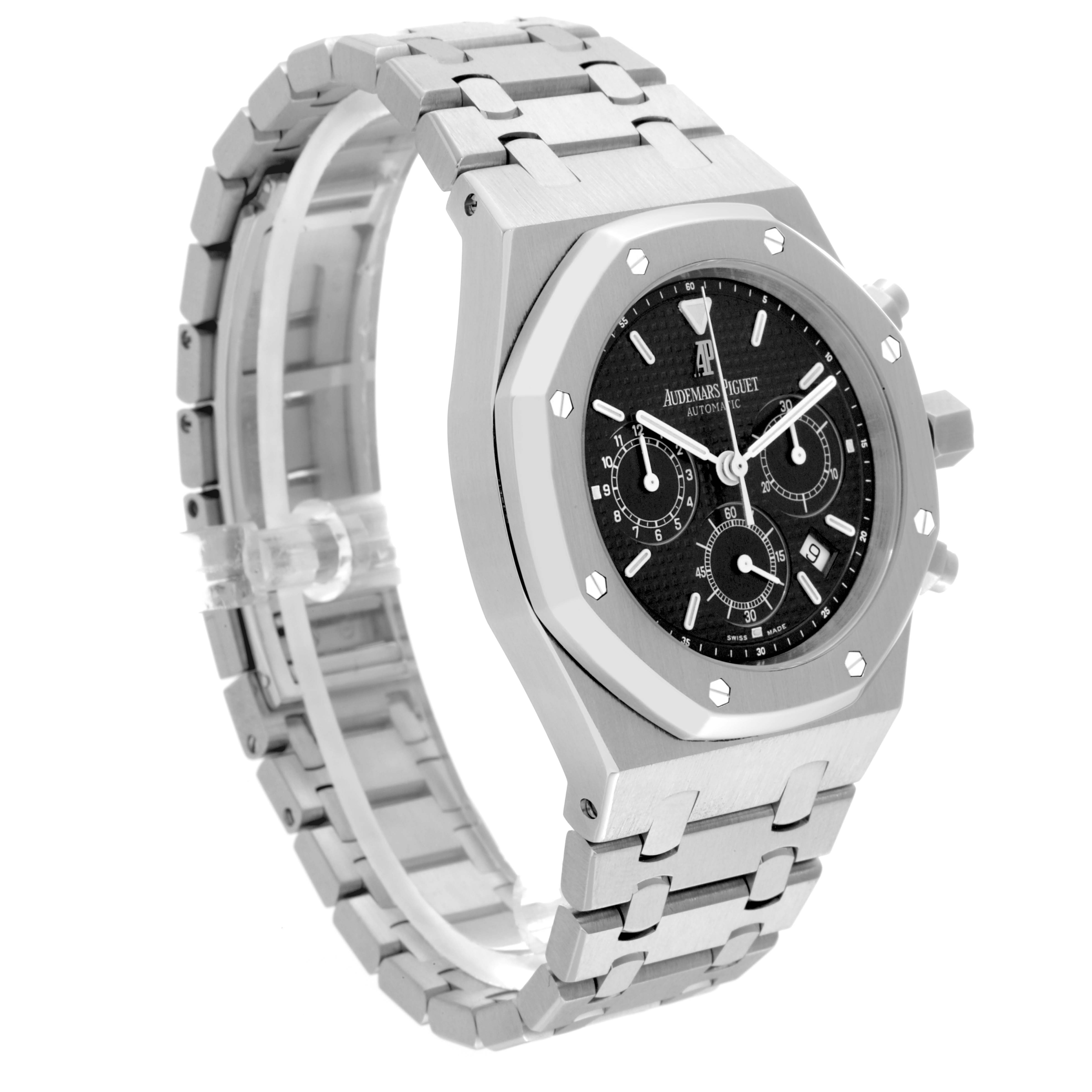 This image shows the Audemars Piguet Royal Oak 25860ST.00.1110ST.01 Men's Stainless Steel Black Dial 25860ST.00.1110ST.01 Men's Stainless Steel Black Dial watch from a three-quarter angle, highlighting the face, bezel, buttons, and bracelet.