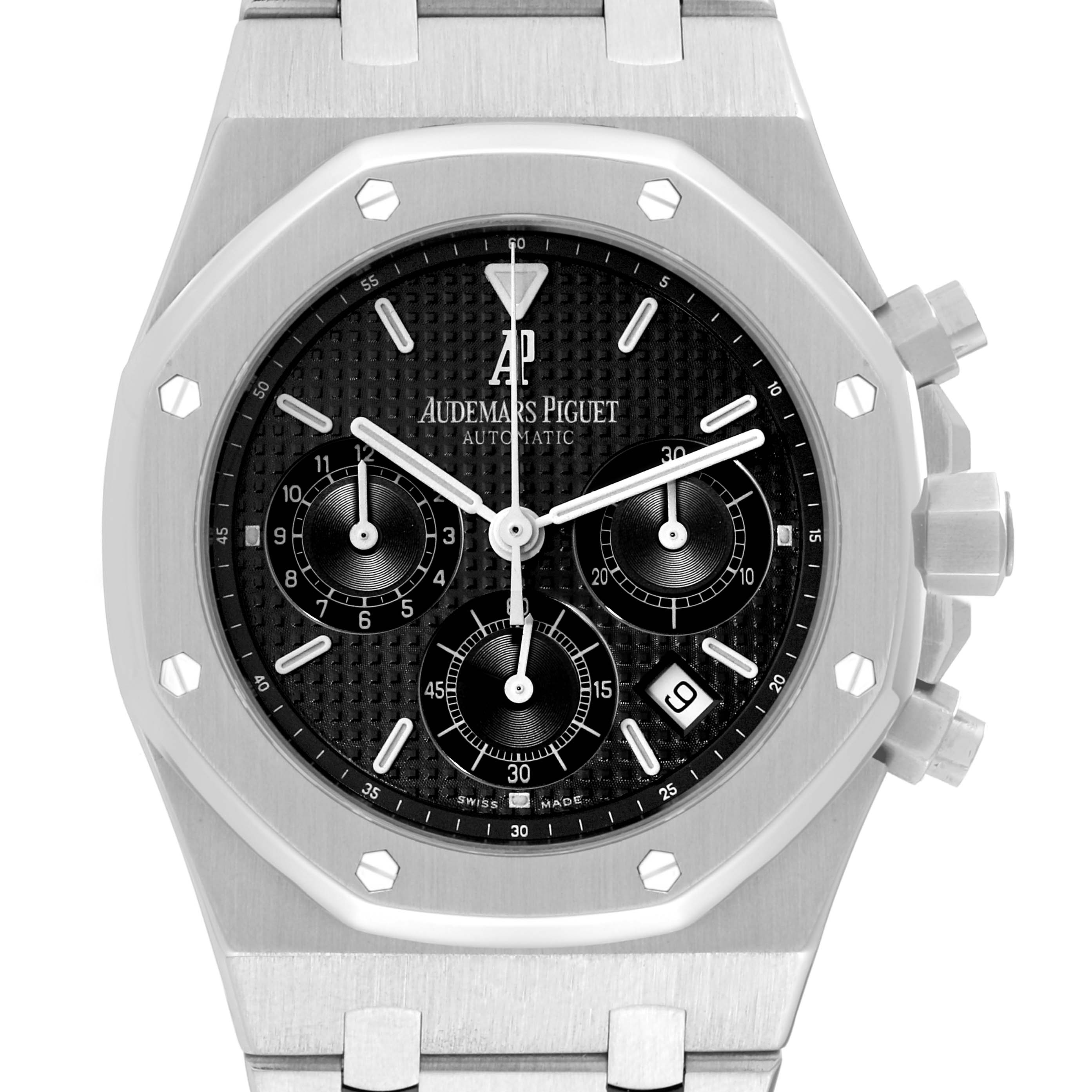 This image displays a front view of an Audemars Piguet Royal Oak 25860ST.00.1110ST.01 Men's Stainless Steel Black Dial 25860ST.00.1110ST.01 Men's Stainless Steel Black Dial watch, featuring its dial, bezel, subdials, and bracelet.