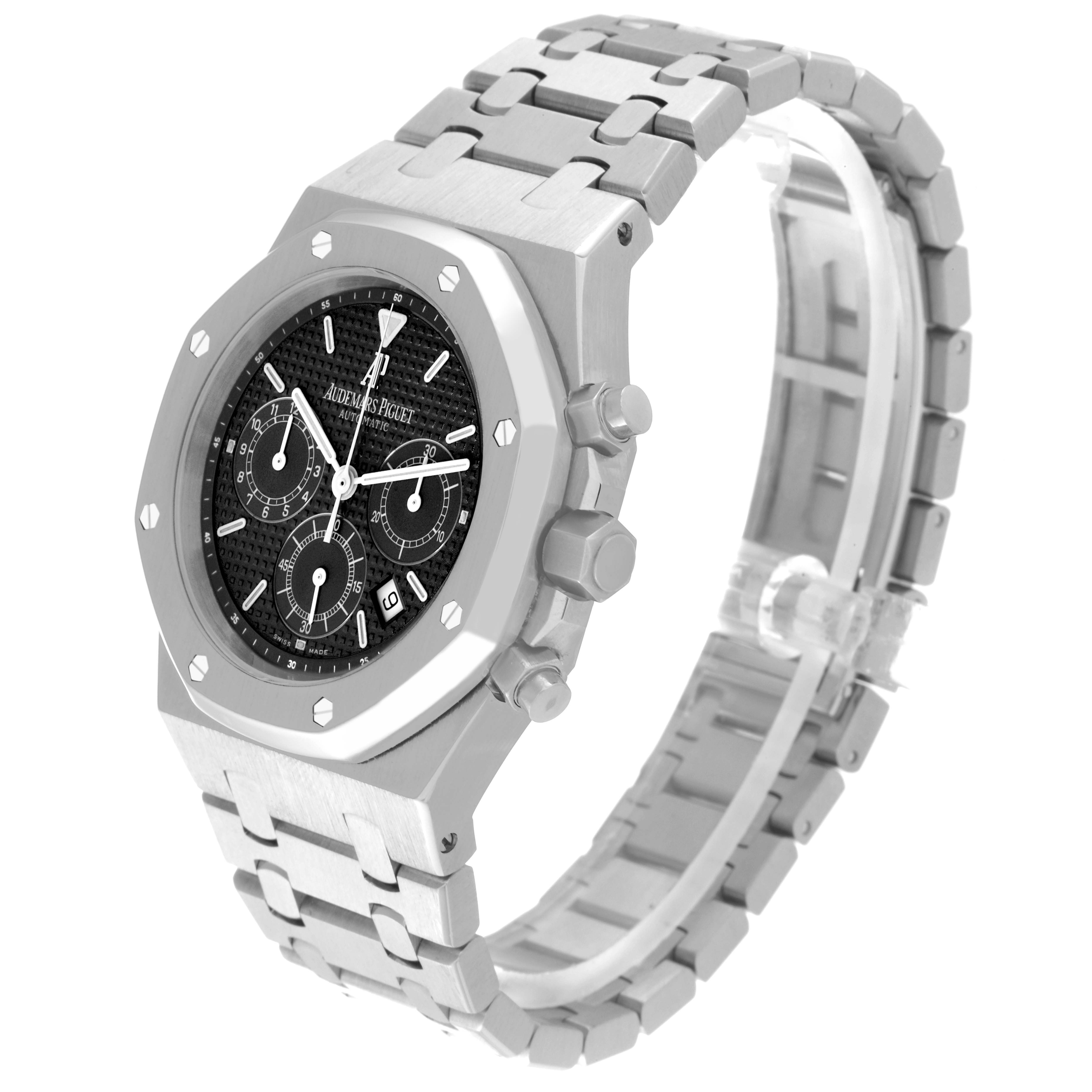 The Audemars Piguet Royal Oak 25860ST.00.1110ST.01 Men's Stainless Steel Black Dial 25860ST.00.1110ST.01 Men's Stainless Steel Black Dial watch is shown at a slight angle, highlighting the face, bezel, crown, push buttons, and bracelet.