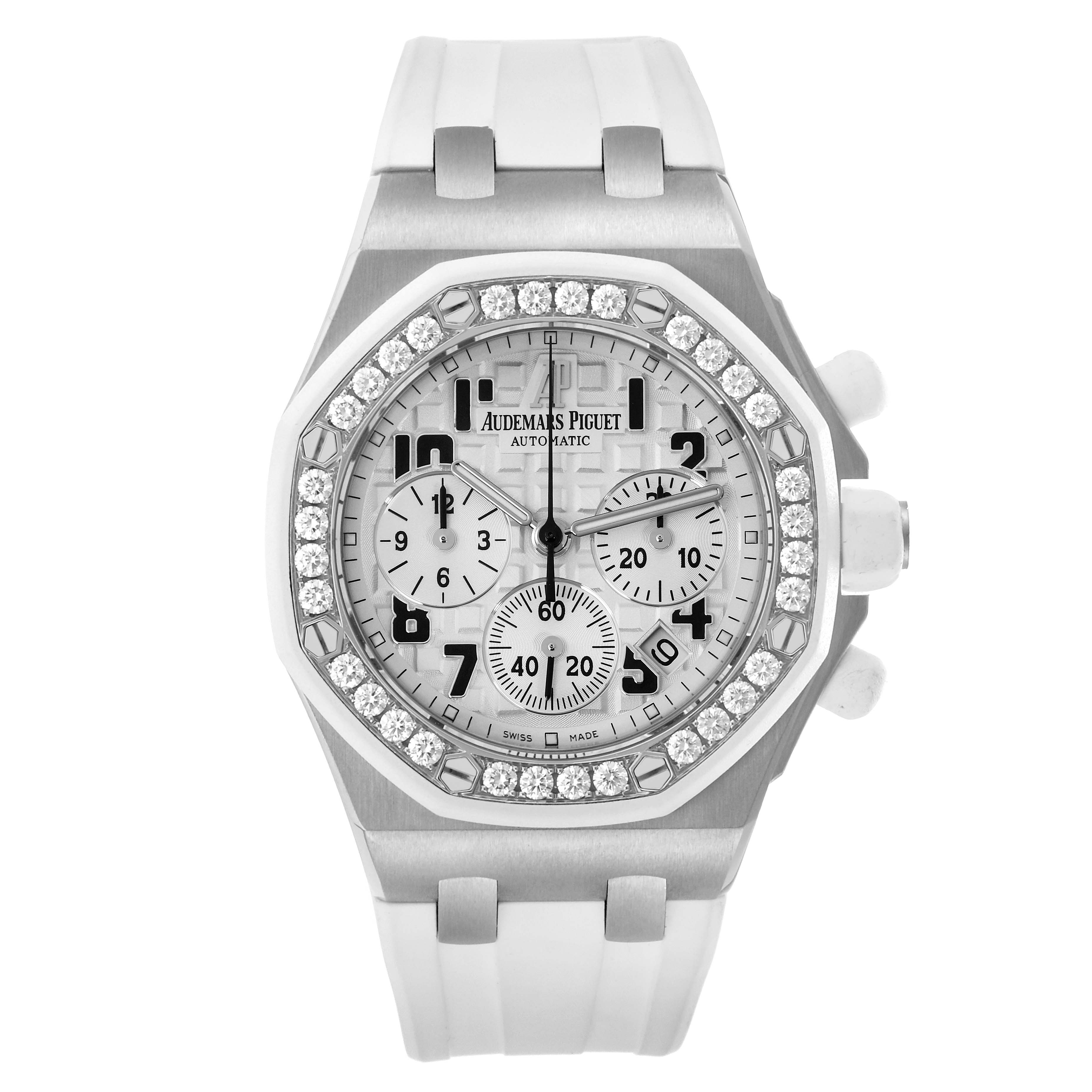 The Audemars Piguet Royal Oak Offshore 26048SK.ZZ.D010CA.01 Women
s Stainless Steel Silver Dial 26048SK.ZZ.D010CA.01 Women
s Stainless Steel Silver Dial watch is shown from the front, highlighting its diamond-set bezel and chronograph subdials.
