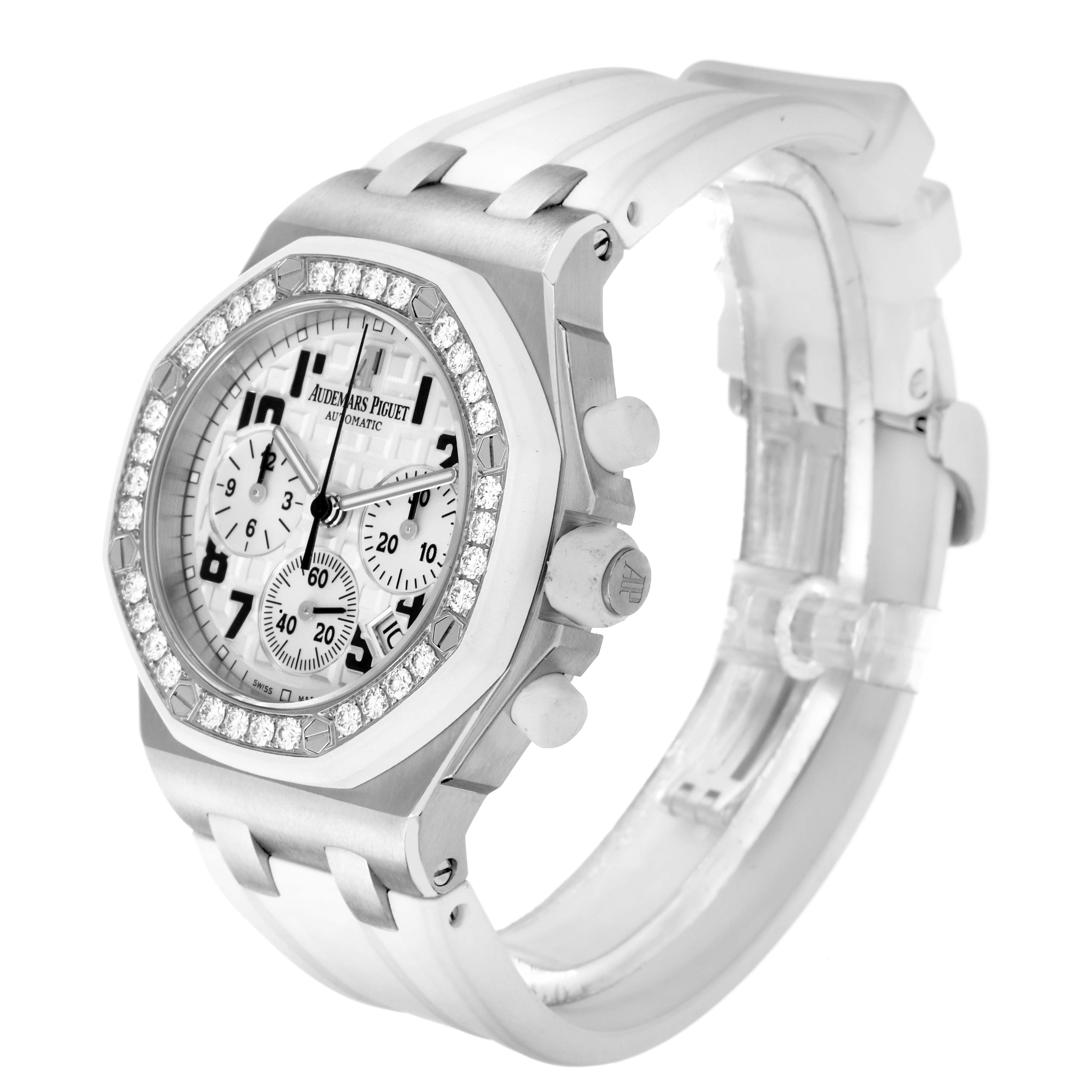 The Audemars Piguet Royal Oak Offshore 26048SK.ZZ.D010CA.01 Women
s Stainless Steel Silver Dial 26048SK.ZZ.D010CA.01 Women
s Stainless Steel Silver Dial watch is shown at a three-quarter angle, highlighting the face, bezel, and side buttons.