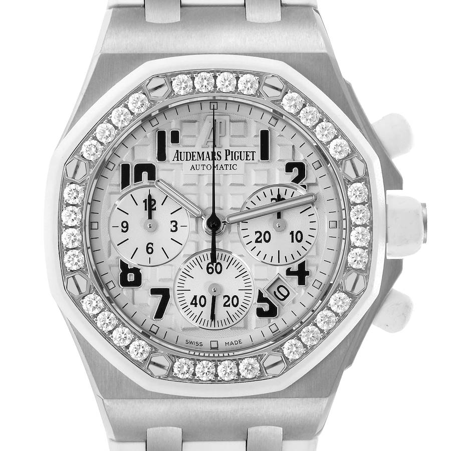 The Audemars Piguet Royal Oak Offshore watch is shown from a front angle, featuring a diamond bezel, subdials, and a metallic bracelet.