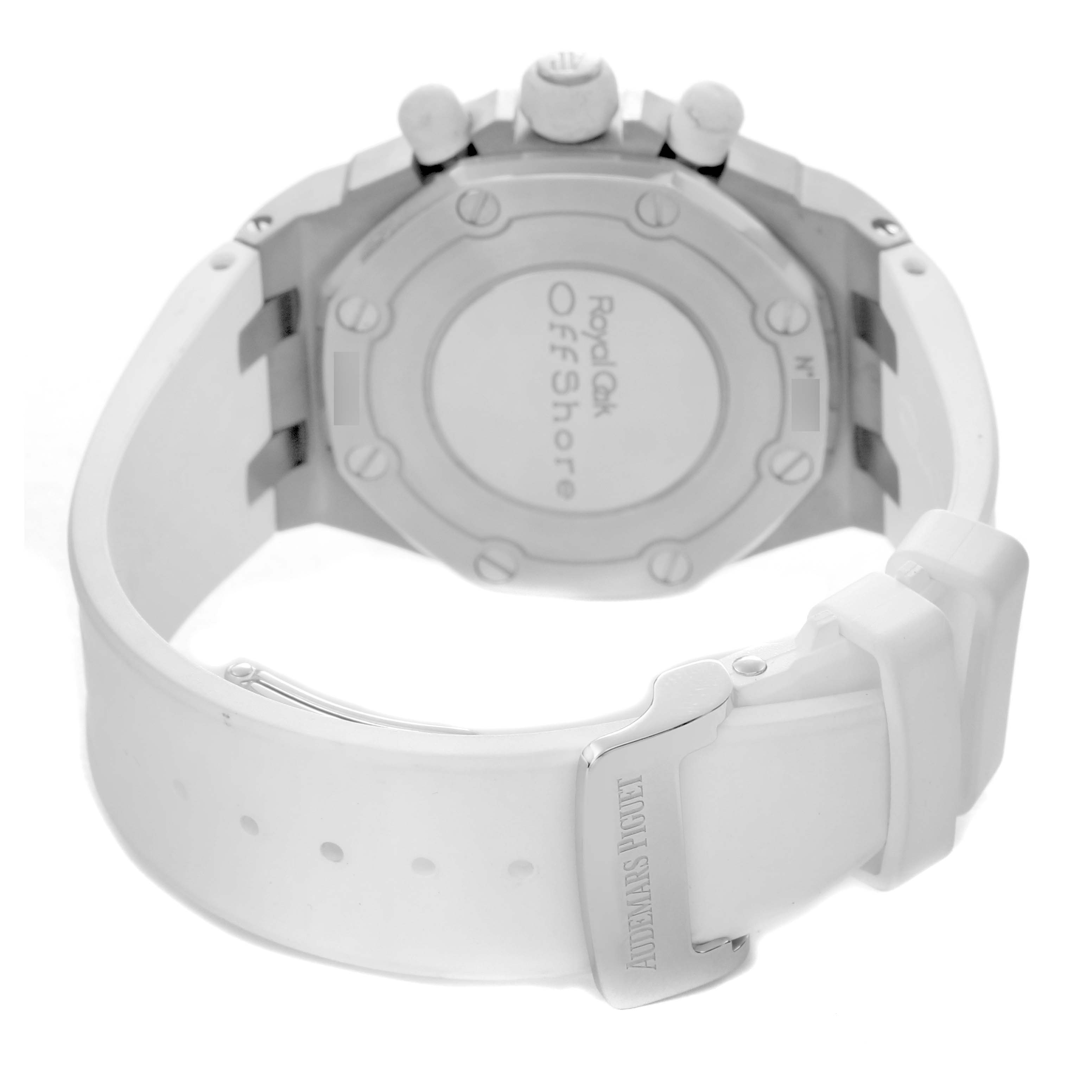 The image shows the back view of the Audemars Piguet Royal Oak Offshore 26048SK.ZZ.D010CA.01 Women
s Stainless Steel Silver Dial 26048SK.ZZ.D010CA.01 Women
s Stainless Steel Silver Dial, highlighting the case back and the buckle on the strap.