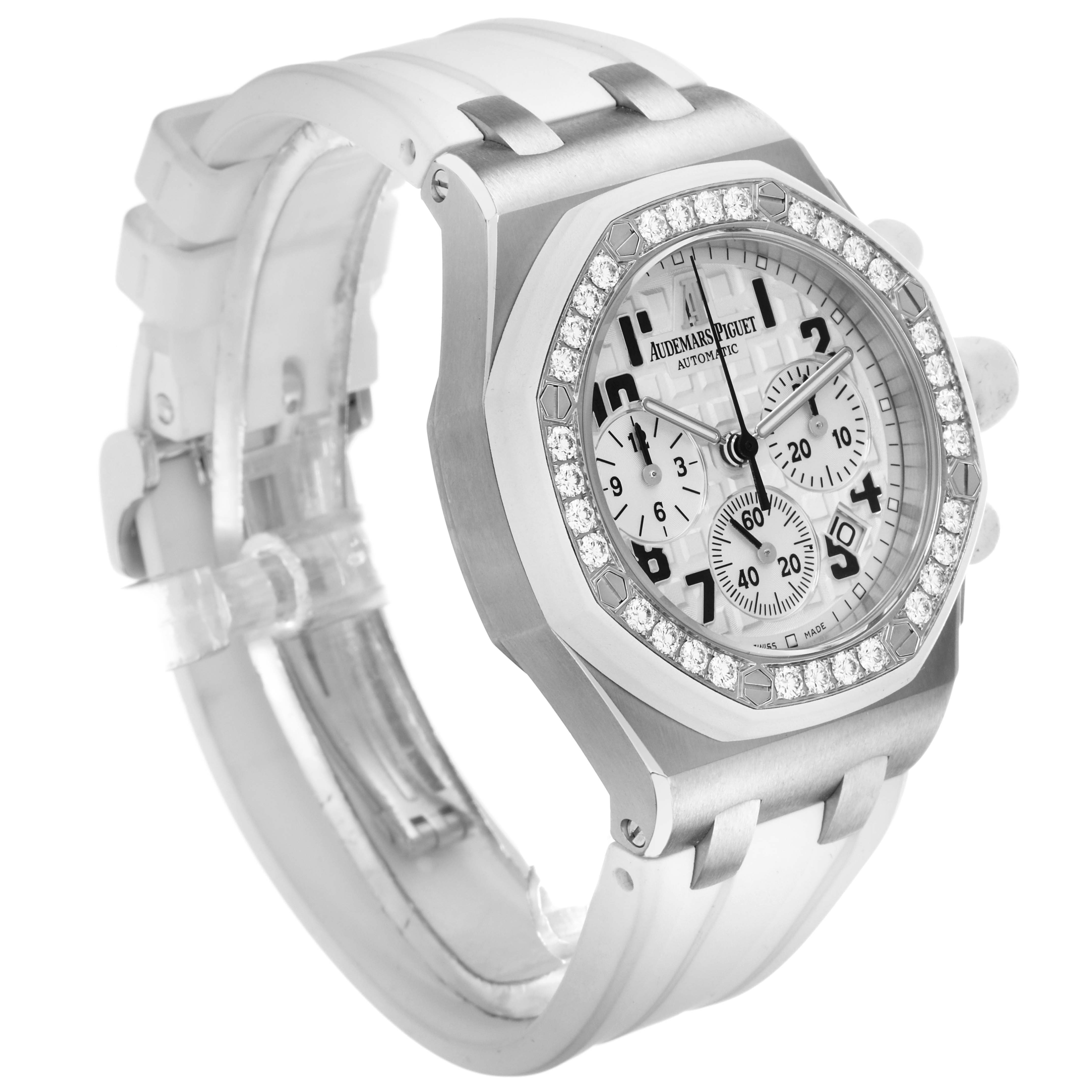 The Royal Oak Offshore by Audemars Piguet is shown in a three-quarter angle highlighting the dial, bezel, and bracelet.