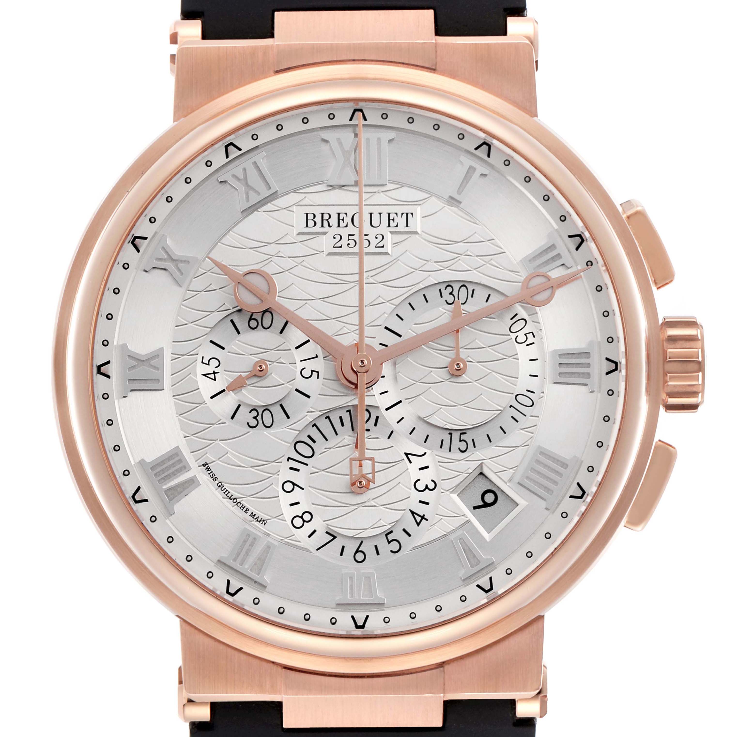 The Breguet Marine 5527BR/12/5WV Men's Rose Gold Silver Dial 5527BR/12/5WV Men's Rose Gold Silver Dial model watch is shown from a frontal angle, highlighting the dial, hands, subdials, and crown.
