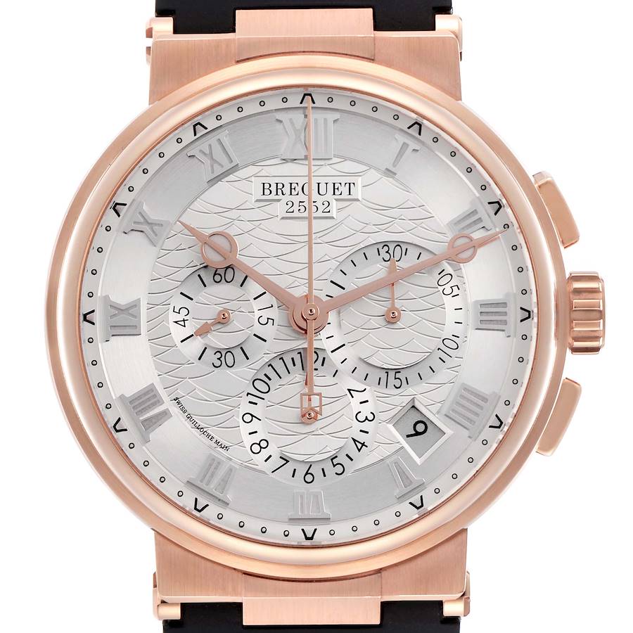 The Breguet Marine model watch is shown from a frontal angle, highlighting the dial, hands, subdials, and crown.