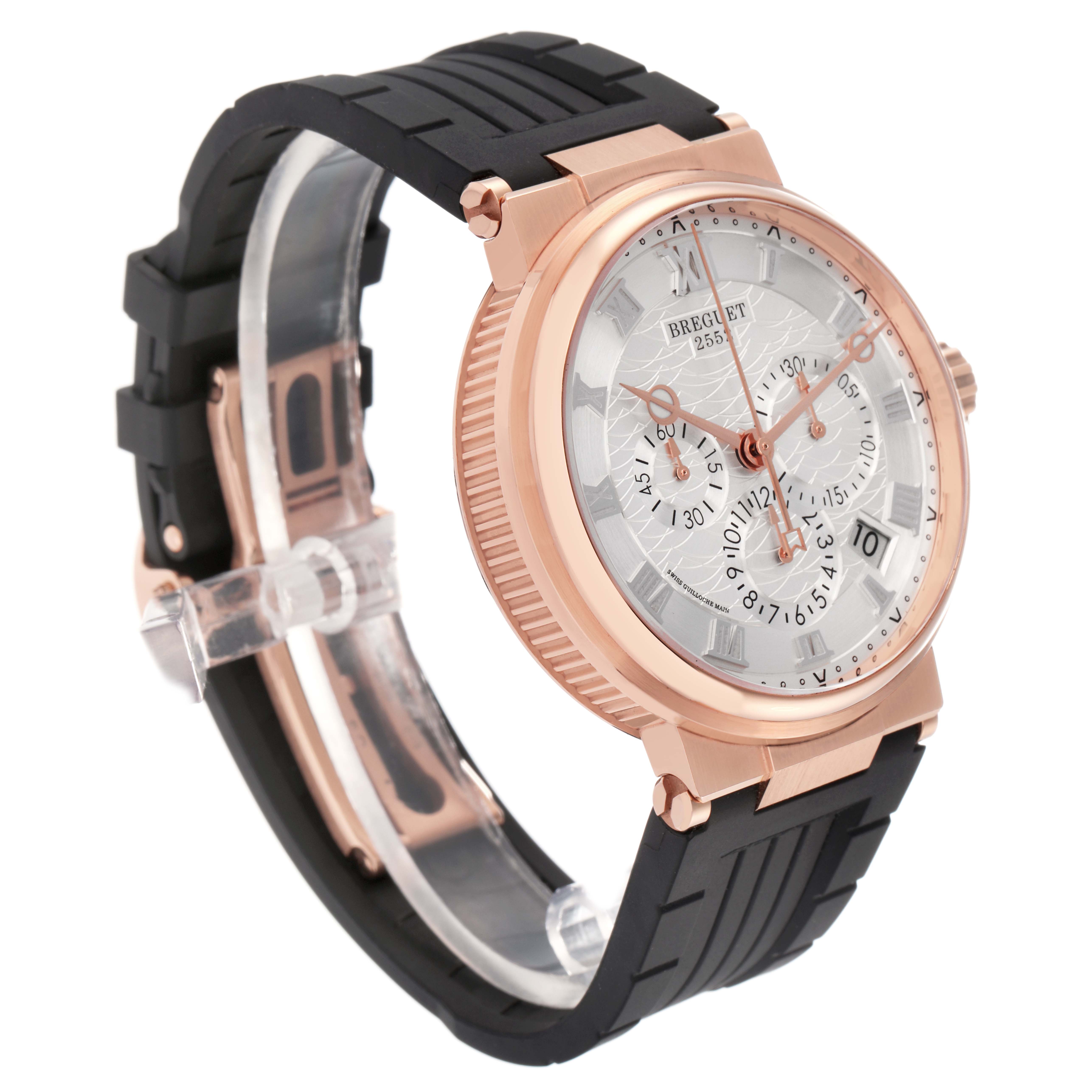 The Breguet Marine 5527BR/12/5WV Men's Rose Gold Silver Dial 5527BR/12/5WV Men's Rose Gold Silver Dial watch is shown from a front-right angle, highlighting the case, dial, and black strap.