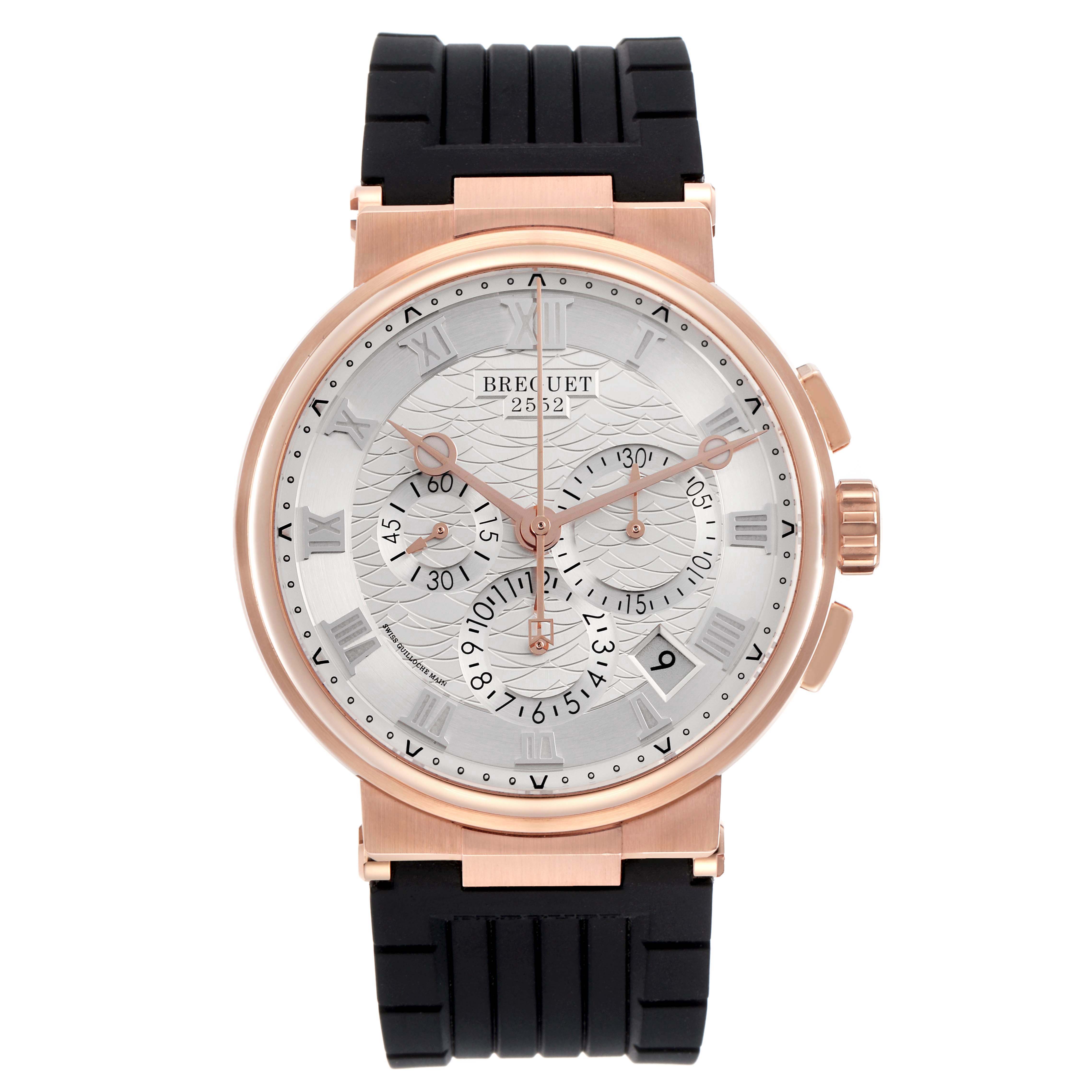 The Breguet Marine 5527BR/12/5WV Men's Rose Gold Silver Dial 5527BR/12/5WV Men's Rose Gold Silver Dial watch is shown from the front, highlighting its dial, bezel, crown, and rubber strap.