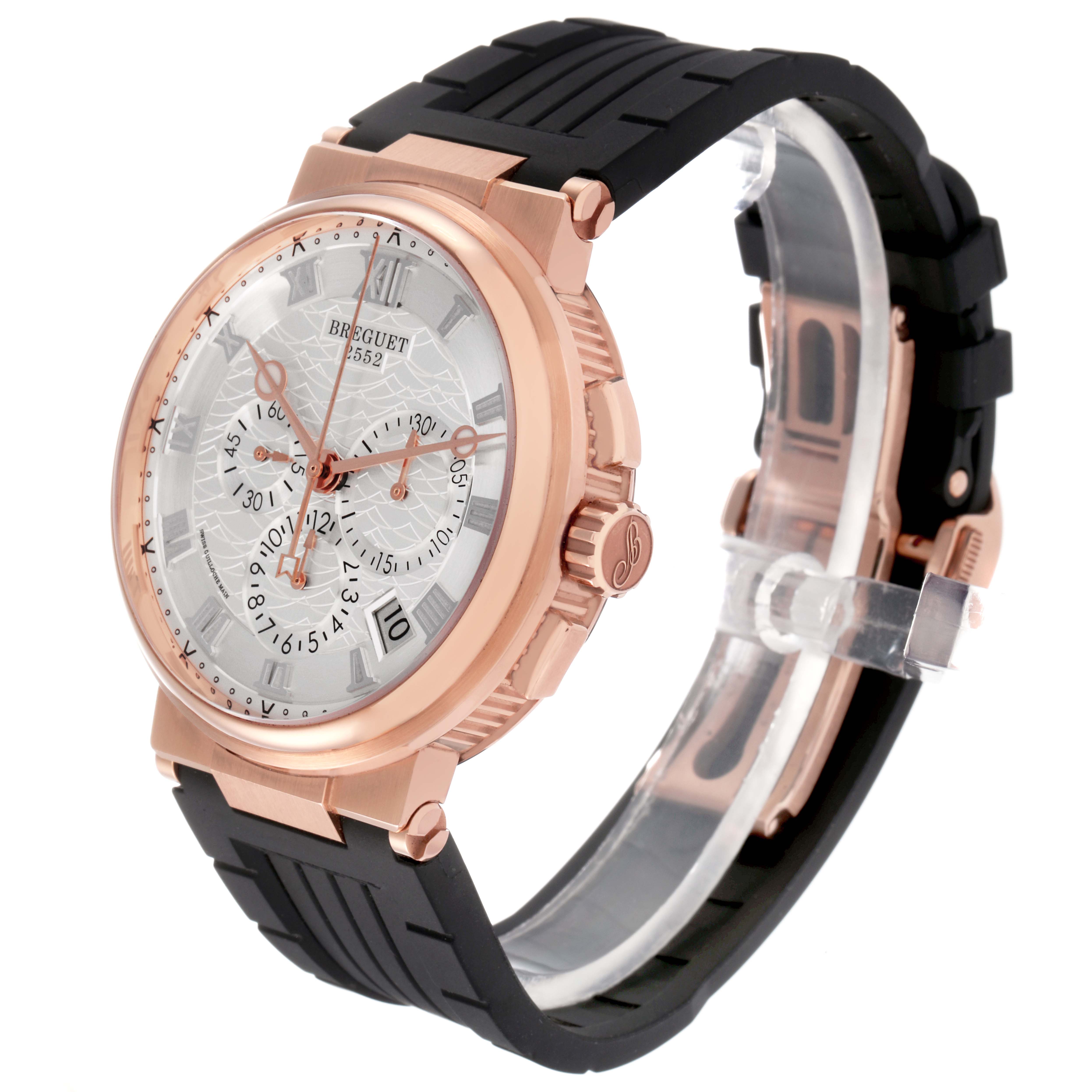 The Breguet Marine 5527BR/12/5WV Men's Rose Gold Silver Dial 5527BR/12/5WV Men's Rose Gold Silver Dial watch is shown at a three-quarter angle displaying the face, crown, and part of the strap.