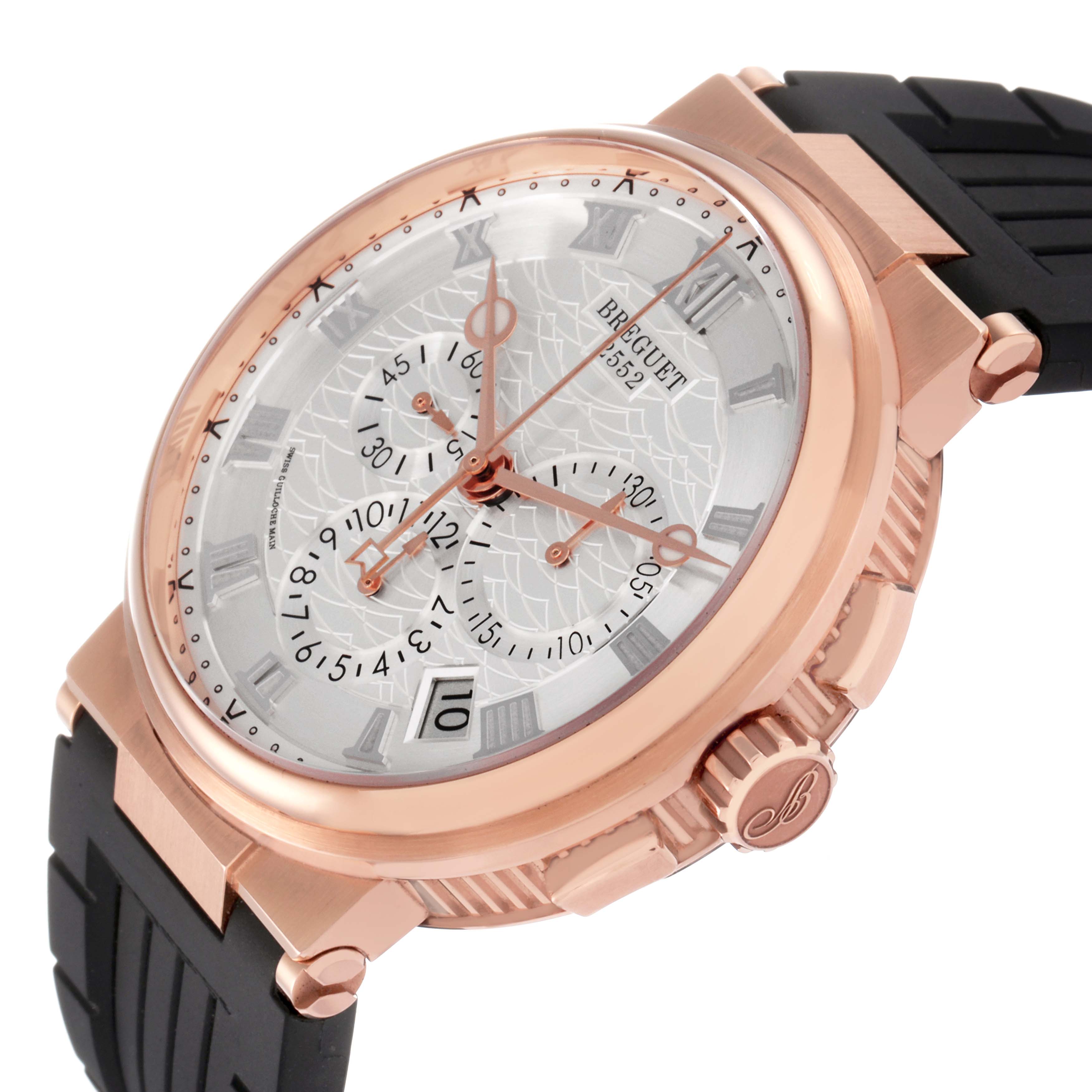 The Breguet Marine 5527BR/12/5WV Men's Rose Gold Silver Dial 5527BR/12/5WV Men's Rose Gold Silver Dial watch is shown at a three-quarter angle, displaying the dial, case, crown, and strap.
