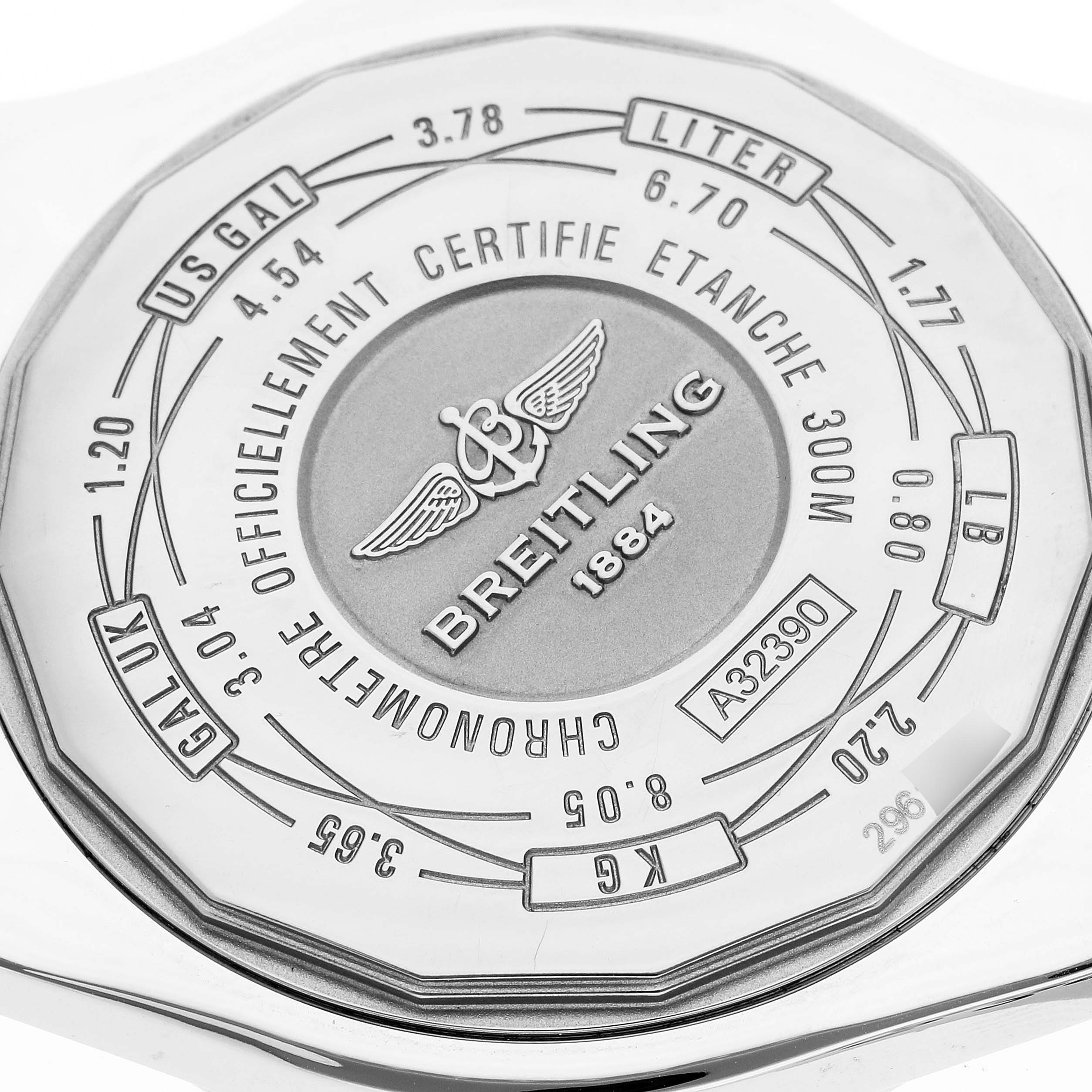 The image shows the case back of a Breitling Avenger A3239011 Men's Stainless Steel Mother of Pearl Dial A3239011 Men's Stainless Steel Mother of Pearl Dial model watch, featuring various engravings and brand information.