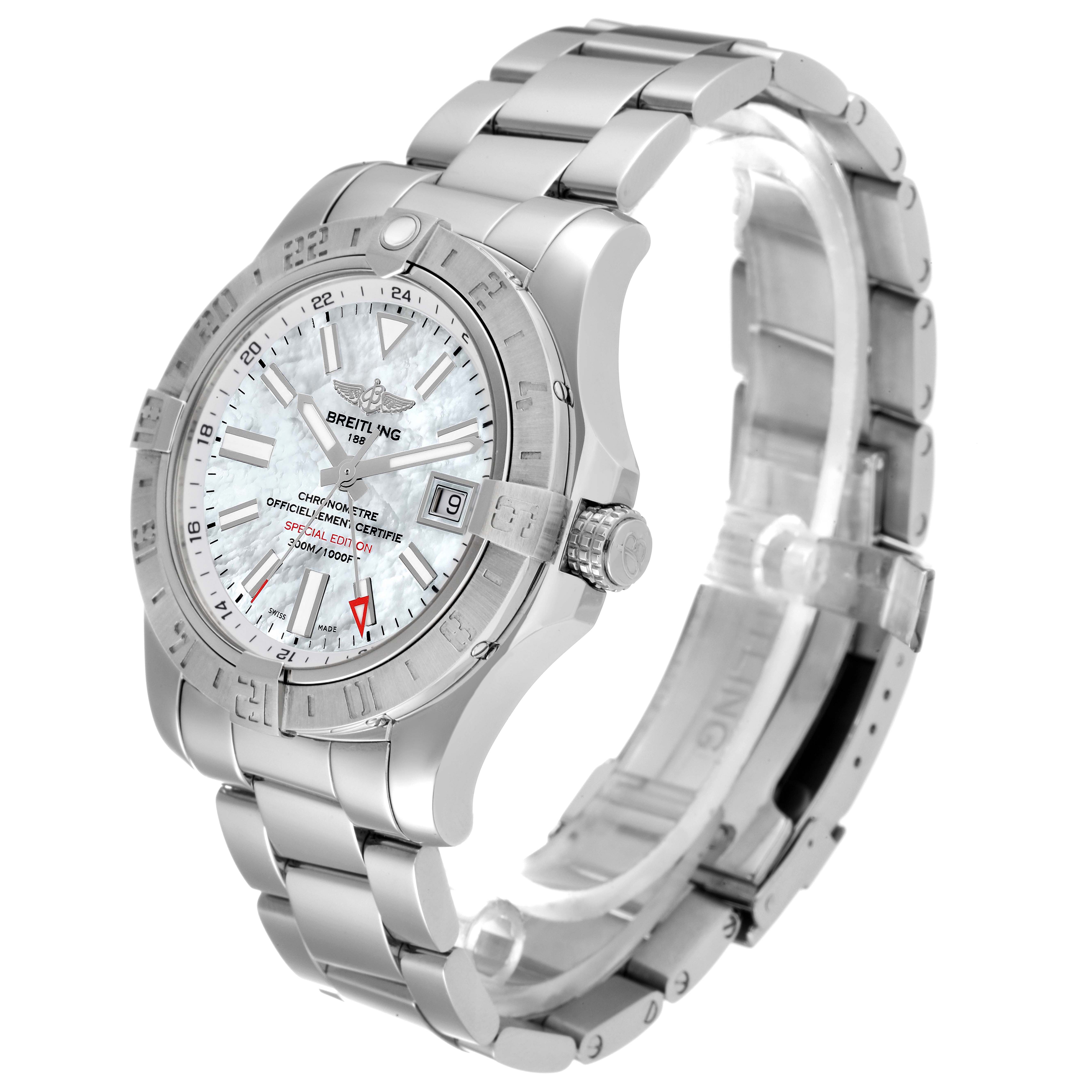 The image shows a side-angle view of the Breitling Avenger A3239011 Men's Stainless Steel Mother of Pearl Dial A3239011 Men's Stainless Steel Mother of Pearl Dial watch, highlighting its face, bezel, crown, and bracelet.