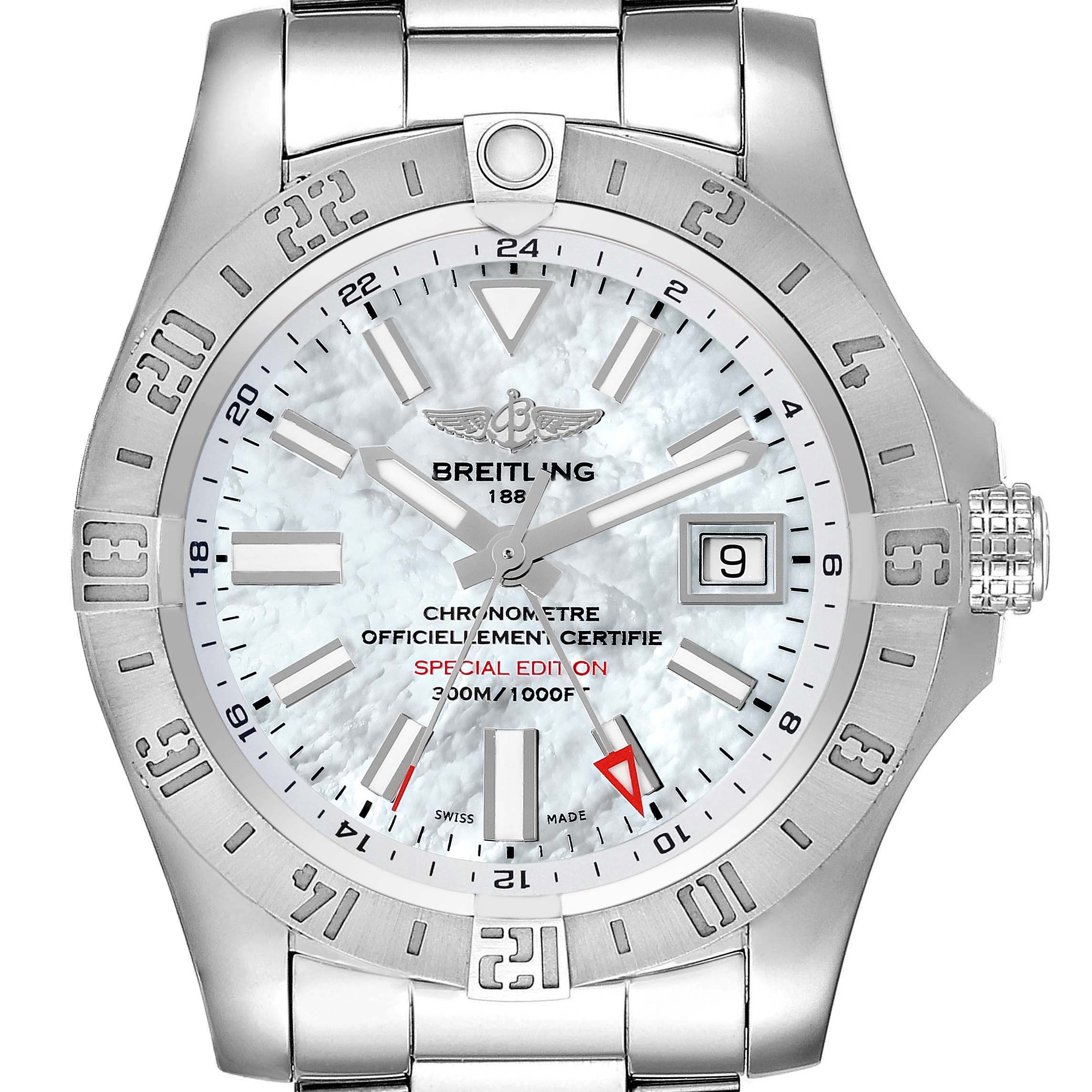 The image shows a front view of the Breitling Avenger A3239011 Men's Stainless Steel Mother of Pearl Dial A3239011 Men's Stainless Steel Mother of Pearl Dial watch, highlighting its dial, bezel, hands, and date window.