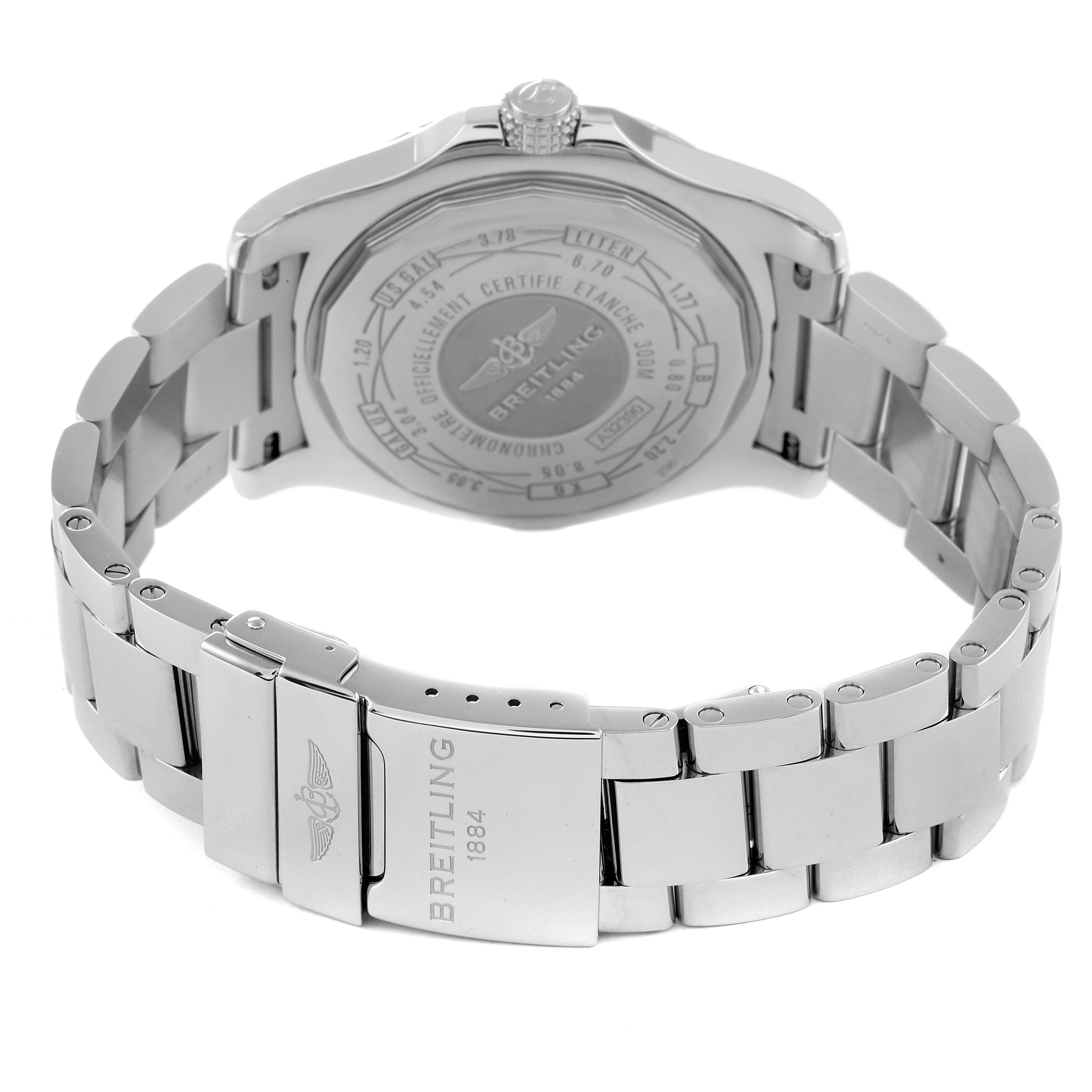 This image shows the back and bracelet of a Breitling Avenger A3239011 Men's Stainless Steel Mother of Pearl Dial A3239011 Men's Stainless Steel Mother of Pearl Dial watch, including the clasp and case back.