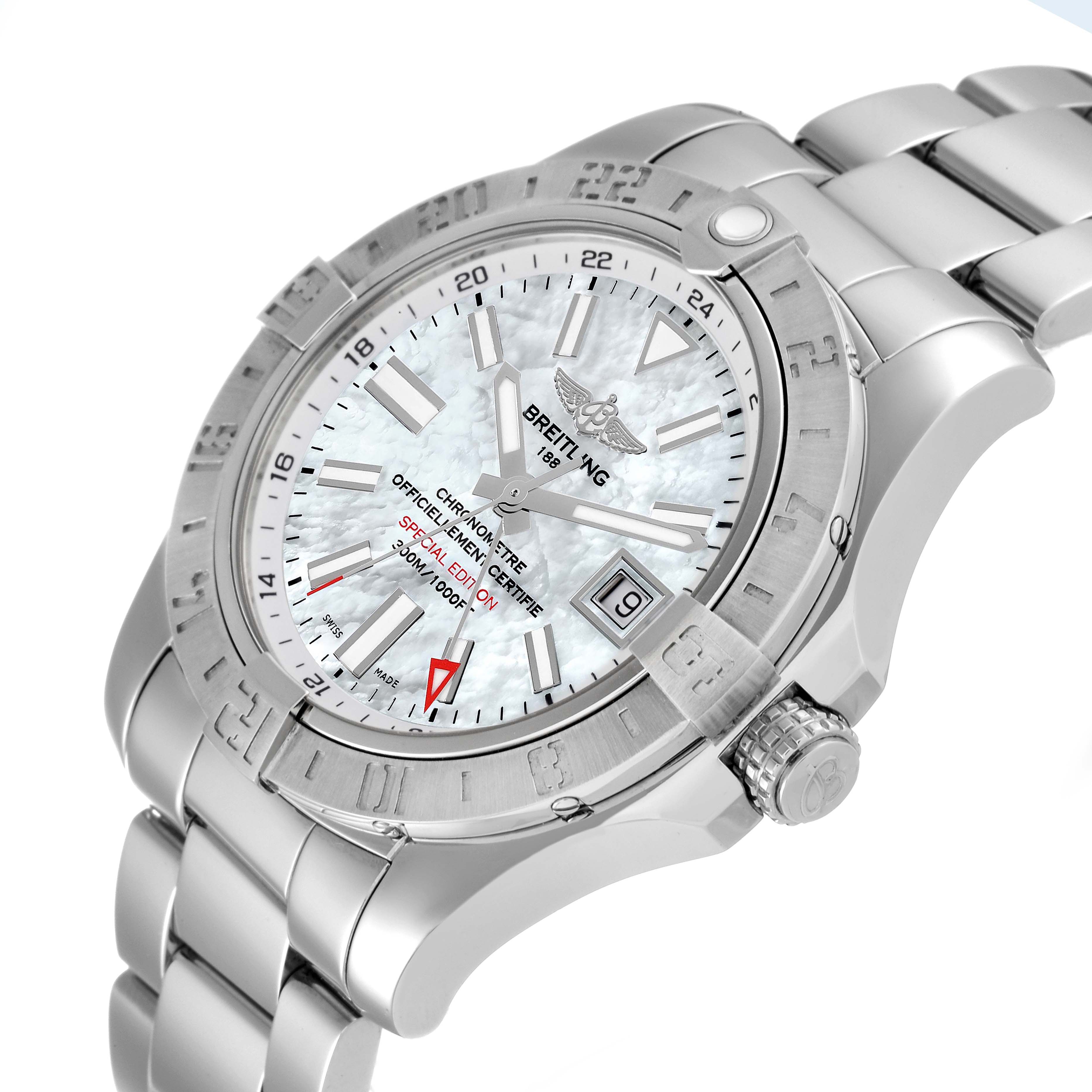 The image shows a close-up of a Breitling Avenger A3239011 Men's Stainless Steel Mother of Pearl Dial A3239011 Men's Stainless Steel Mother of Pearl Dial watch, highlighting its face, bezel, crown, and metal bracelet from a slight angle.