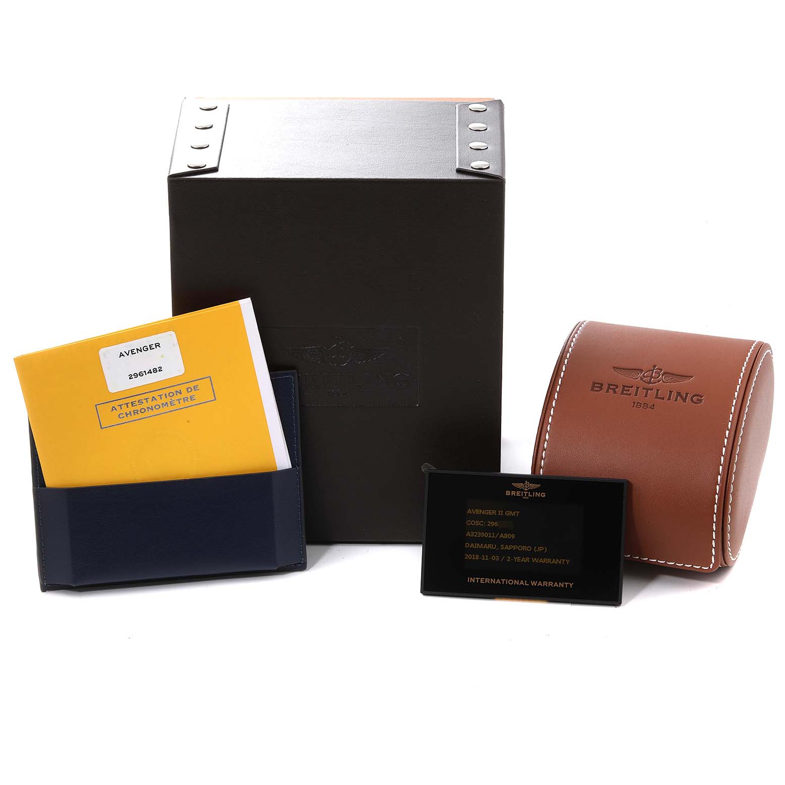 The image shows the packaging, warranty card, booklet, and leather travel case for the Breitling Avenger A3239011 Men's Stainless Steel Mother of Pearl Dial A3239011 Men's Stainless Steel Mother of Pearl Dial watch.