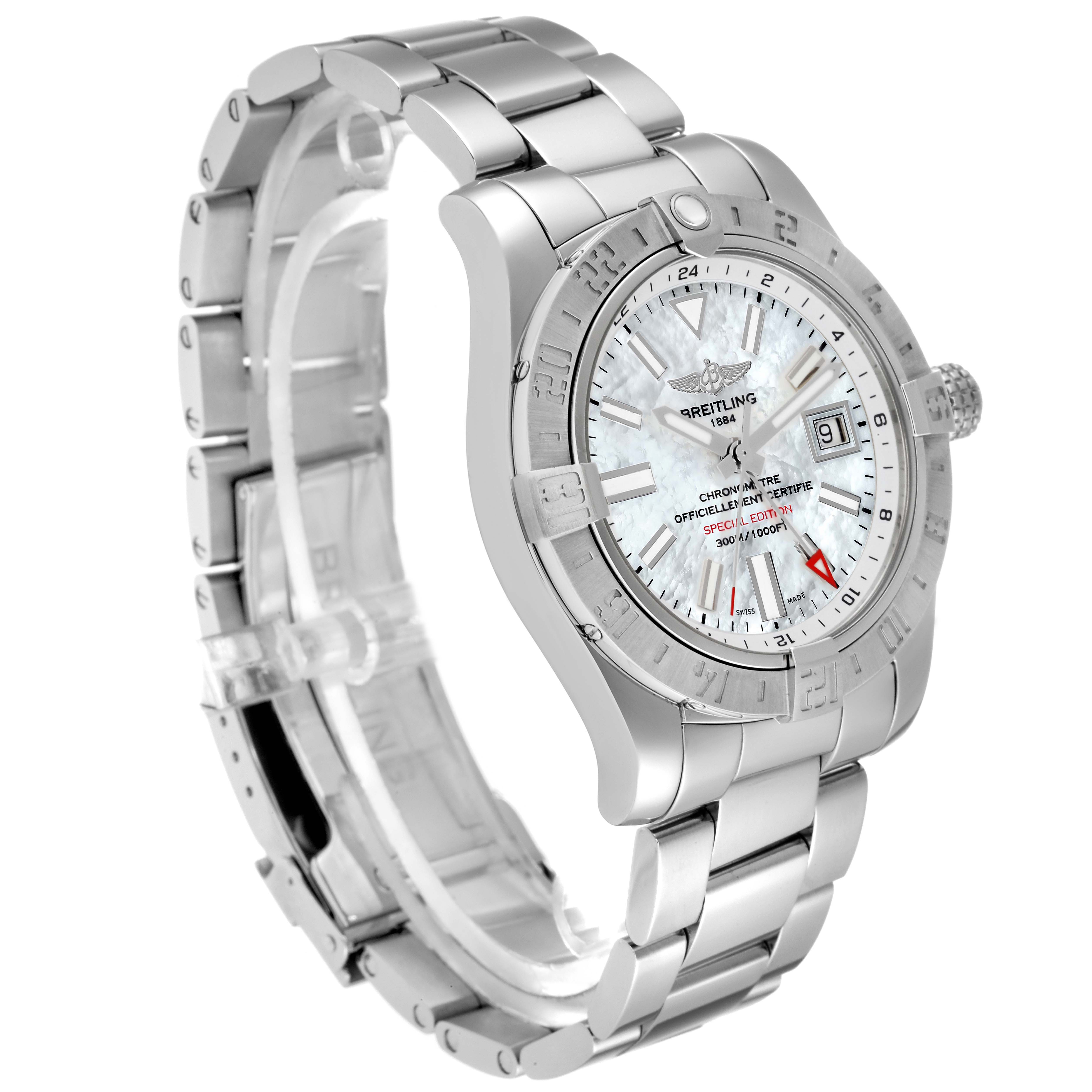 The image shows a side angle view of the Breitling Avenger A3239011 Men's Stainless Steel Mother of Pearl Dial A3239011 Men's Stainless Steel Mother of Pearl Dial watch, highlighting the stainless steel bracelet, bezel, and dial.