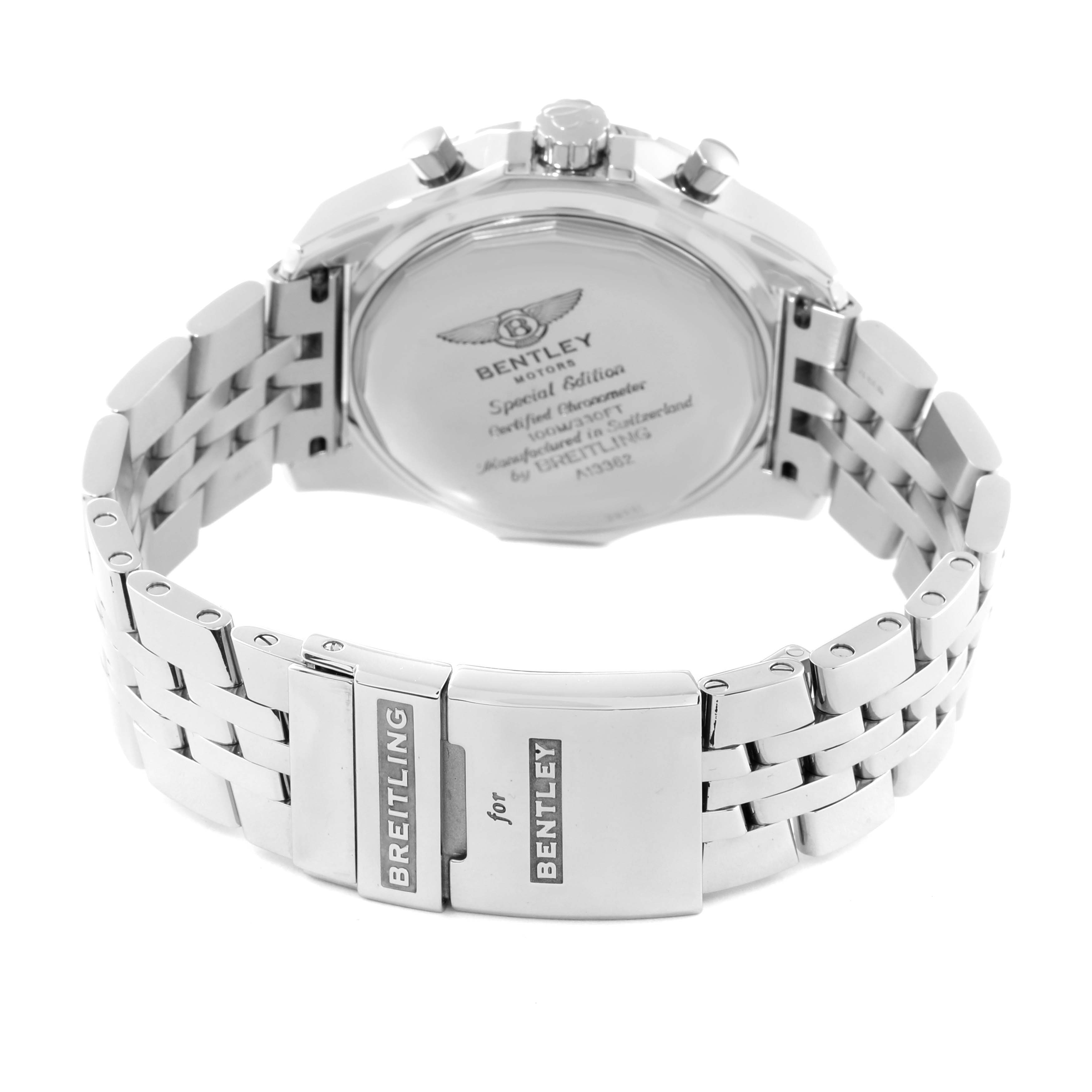 The image shows the back view of the Breitling Bentley A133627X Men's Stainless Steel Mother of Pearl Dial A133627X Men's Stainless Steel Mother of Pearl Dial watch, featuring its clasp and case back.