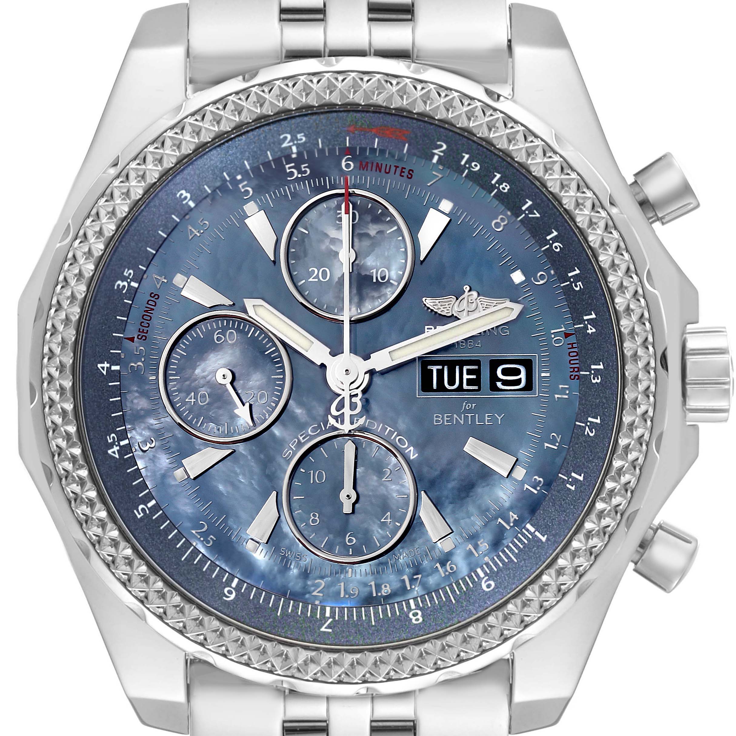 The Bentley model by Breitling is shown from the front, displaying the face, dials, and bracelet.