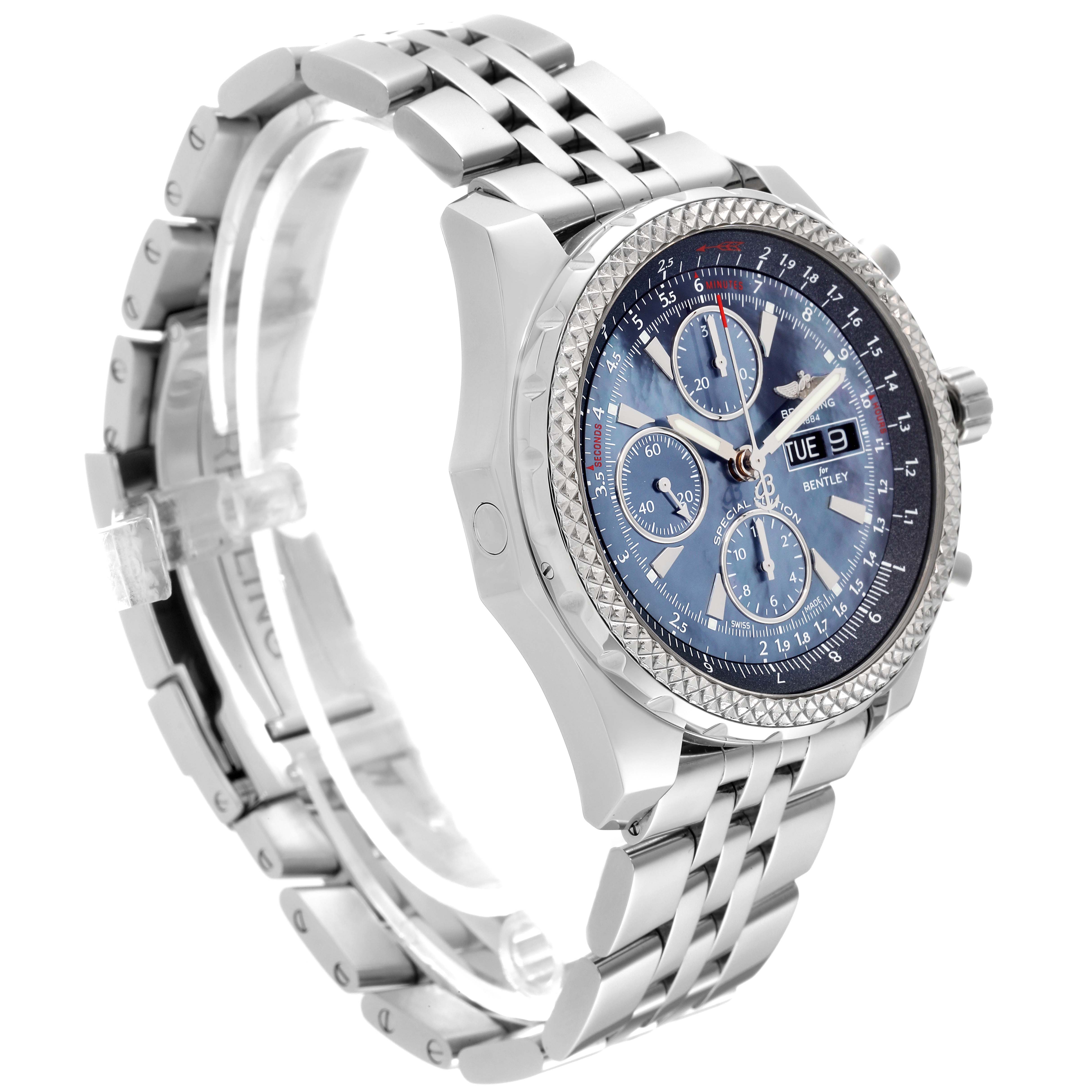 This image shows a side angle of the Bentley model by Breitling, highlighting its metallic bracelet and detailed watch face.