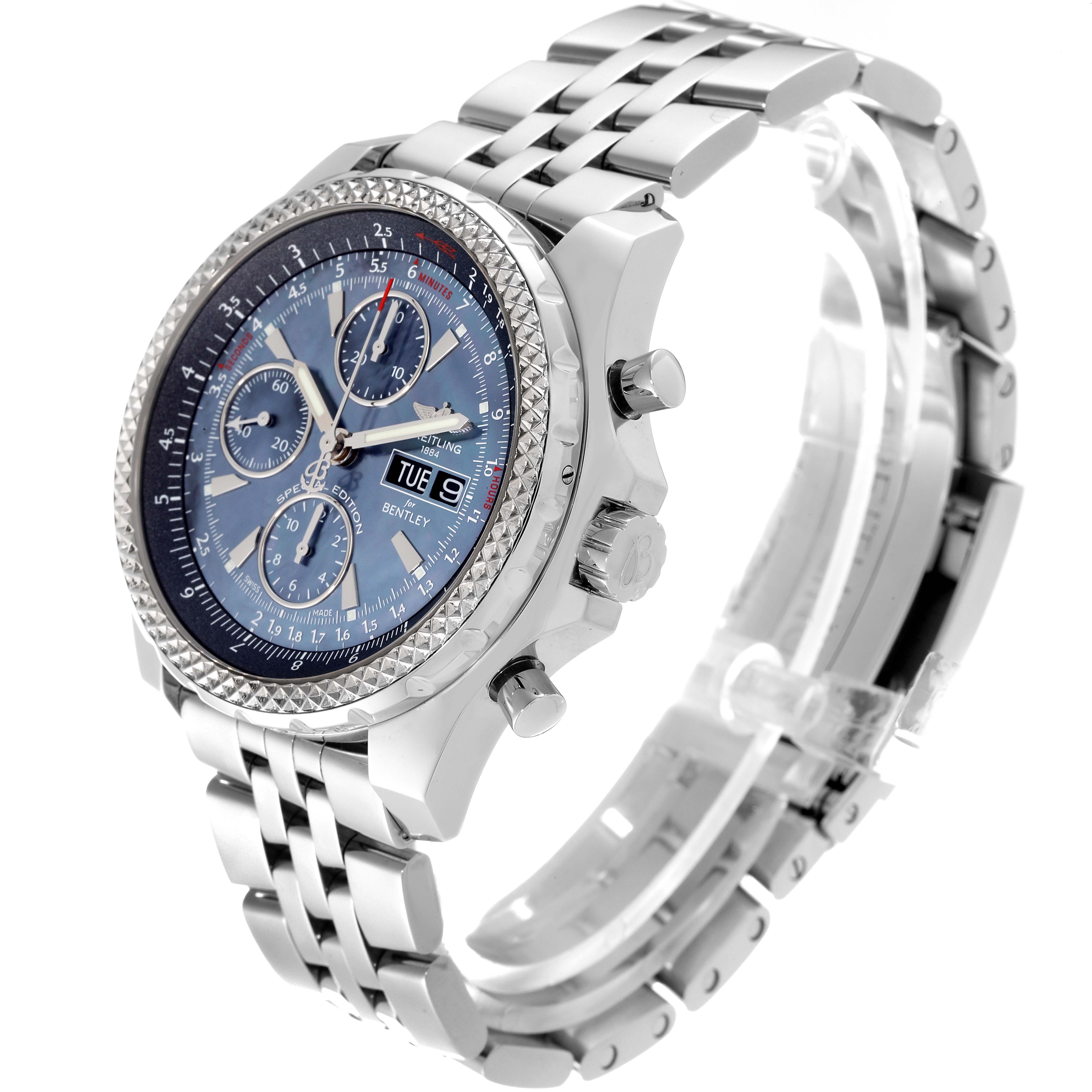 This Breitling Bentley A133627X Men's Stainless Steel Mother of Pearl Dial A133627X Men's Stainless Steel Mother of Pearl Dial model watch is angled to show the face, side buttons, and metal bracelet in detail.