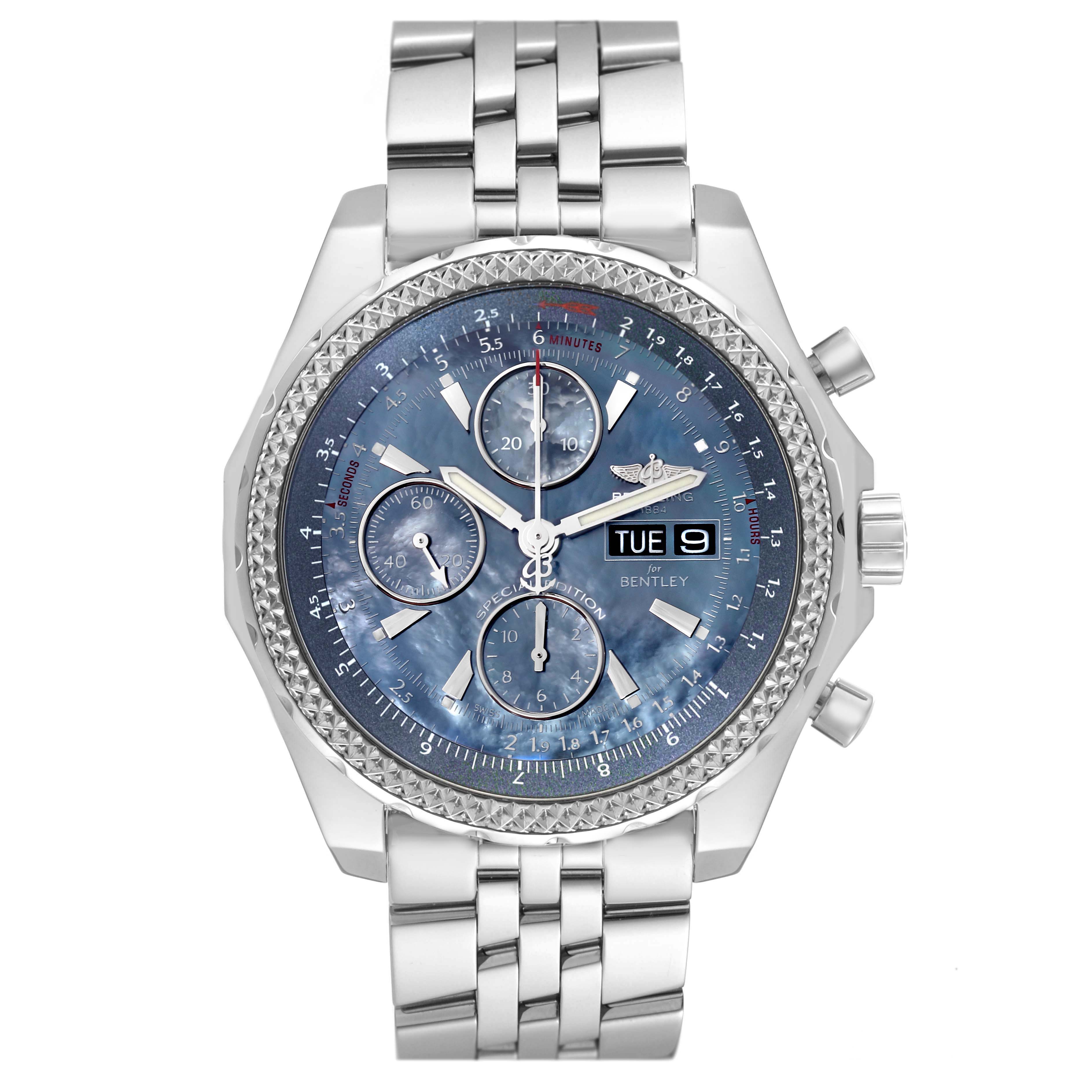 The image shows a front view of the Bentley model watch by Breitling, featuring its face, bezel, and metal bracelet.