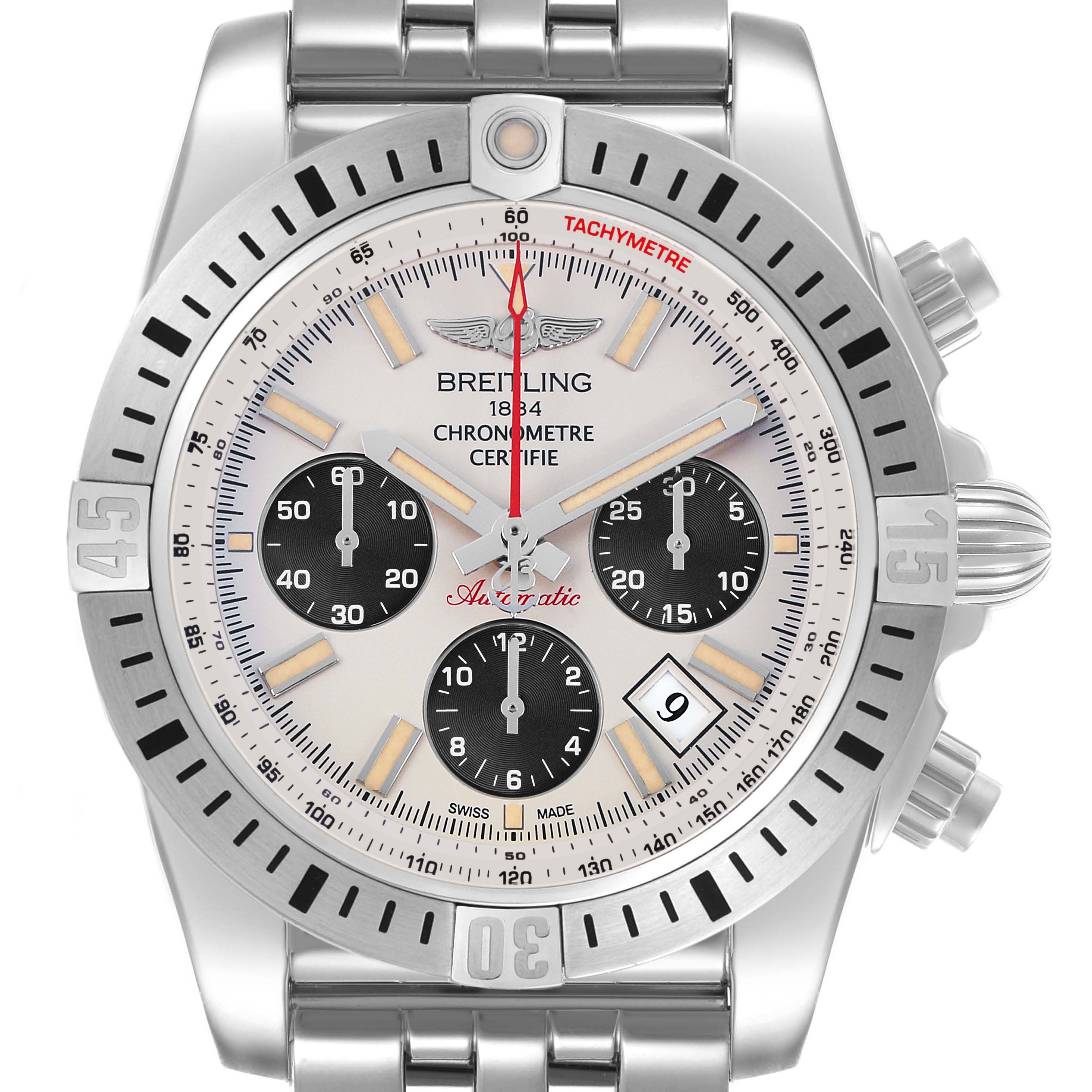 The Breitling Chronomat AB0115 Men's Stainless Steel Silver Dial watch is shown from a front angle, highlighting the bezel, dial, subdials, and bracelet.