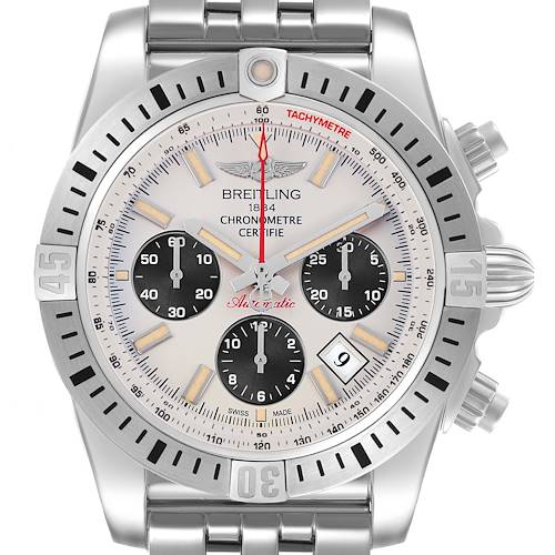 The Breitling Chronomat AB0115 Men's Stainless Steel Silver Dial watch is shown from the front, highlighting its dial, bezel, subdials, and date window.