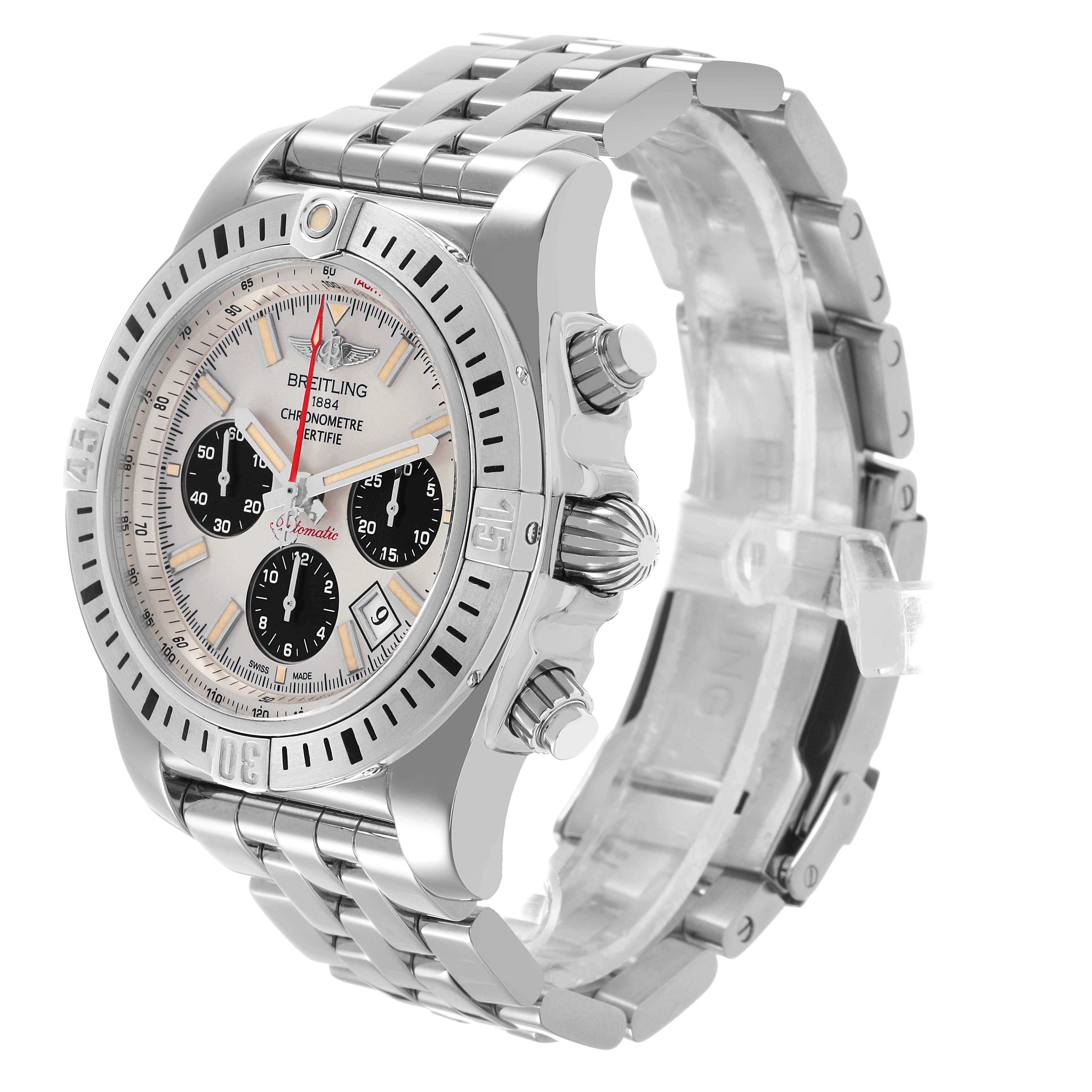 The image shows a side and front angle of the Breitling Chronomat AB0115 Men's Stainless Steel Silver Dial watch, highlighting the bezel, dial, crown, and bracelet.