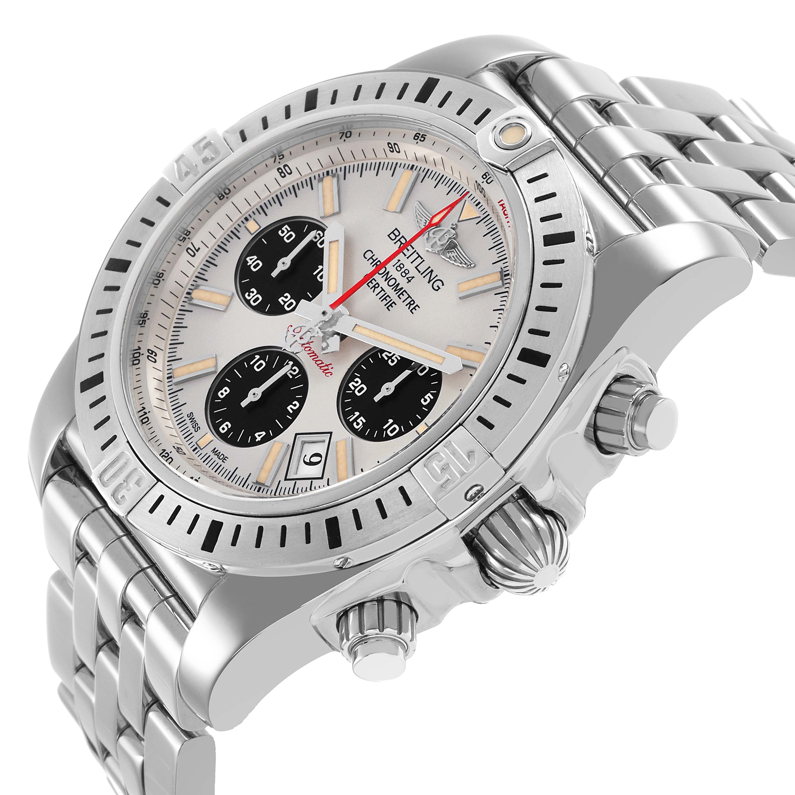 The Breitling Chronomat AB0115 Men's Stainless Steel Silver Dial watch is shown at an angle, displaying the face, bezel, crown, pushers, and part of the metal bracelet.