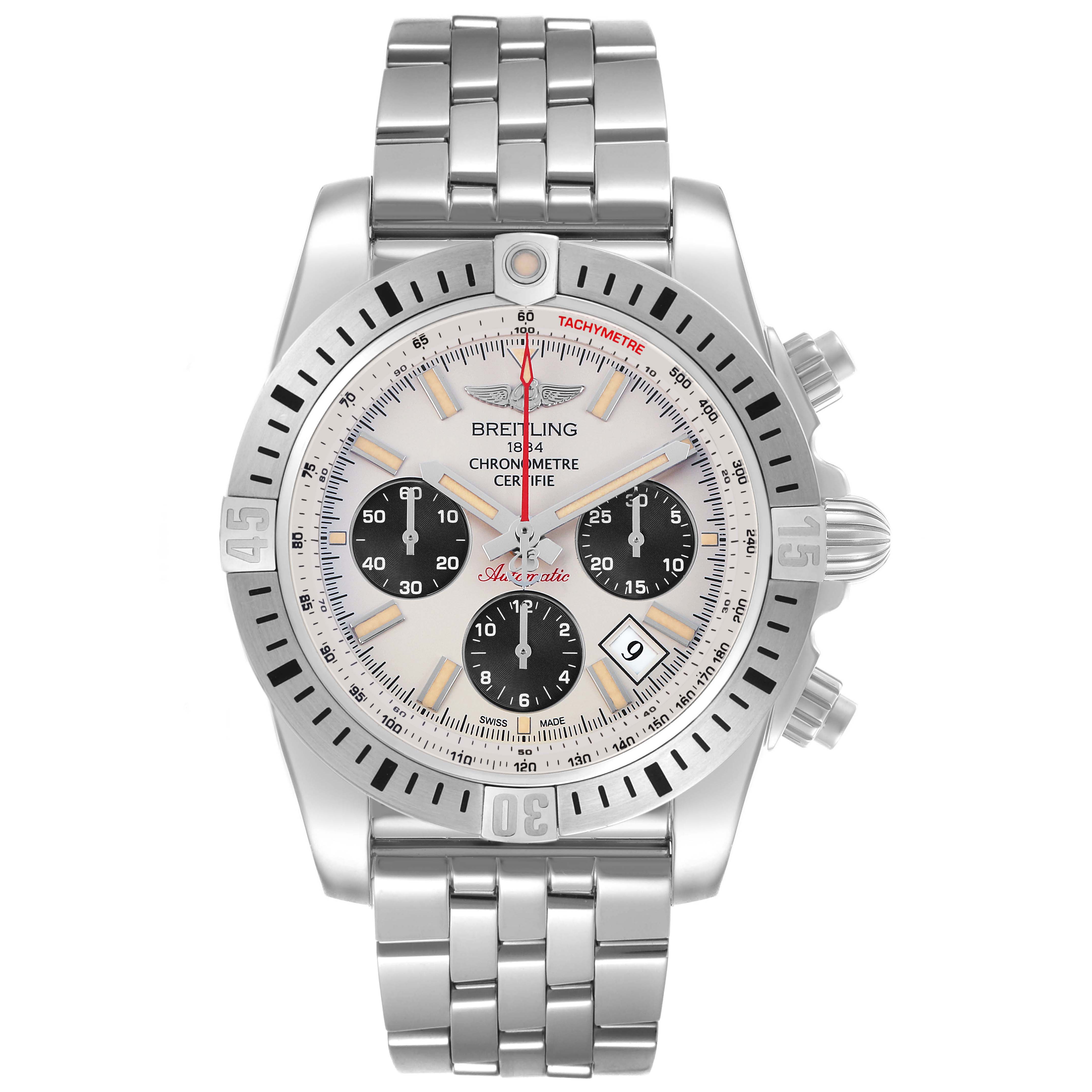The Breitling Chronomat AB0115 Men's Stainless Steel Silver Dial watch is shown from a front angle, displaying its dial, bezel, crown, and bracelet.
