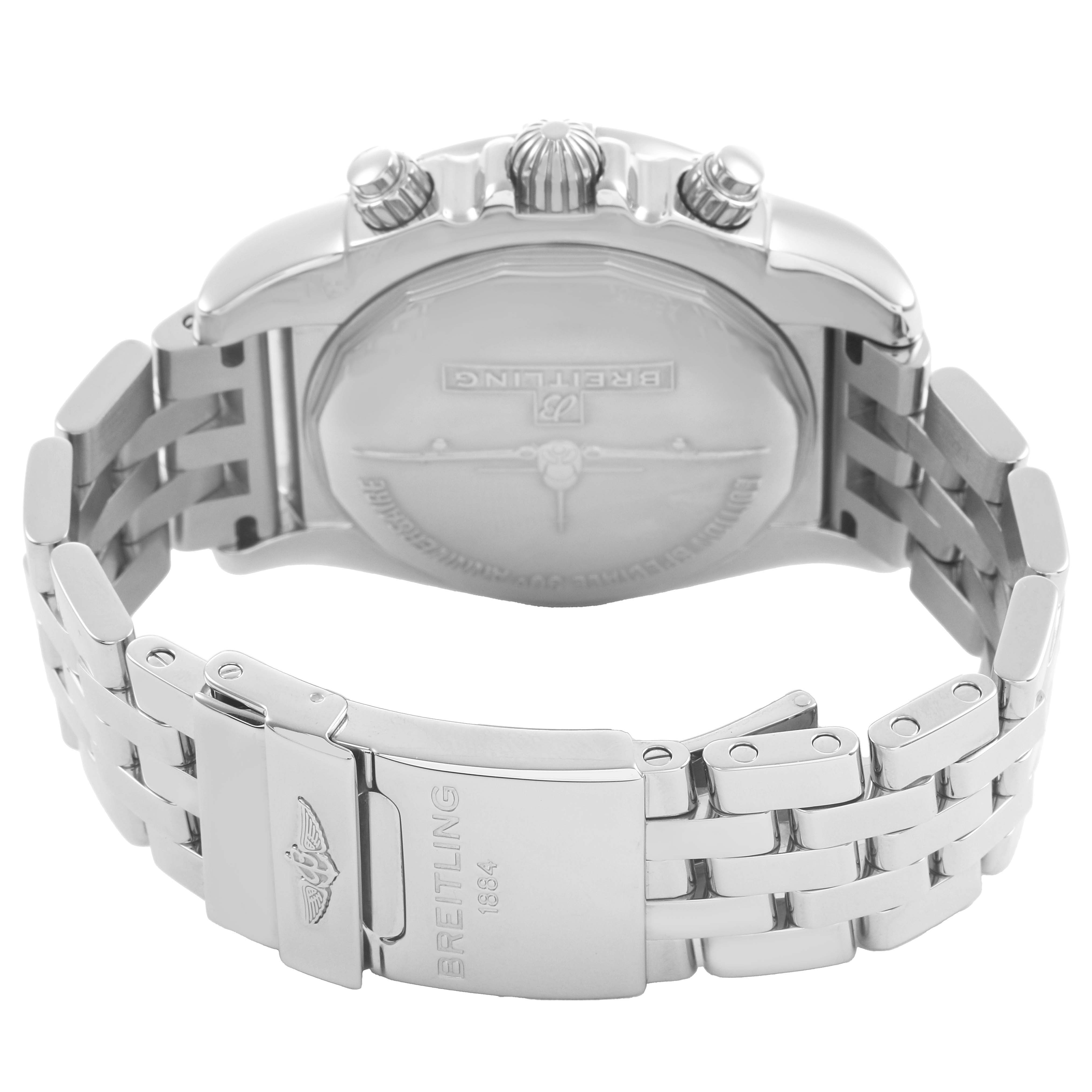 The Breitling Chronomat AB0115 Men's Stainless Steel Silver Dial watch is shown from the back, featuring the clasp, case back, and part of the bracelet.