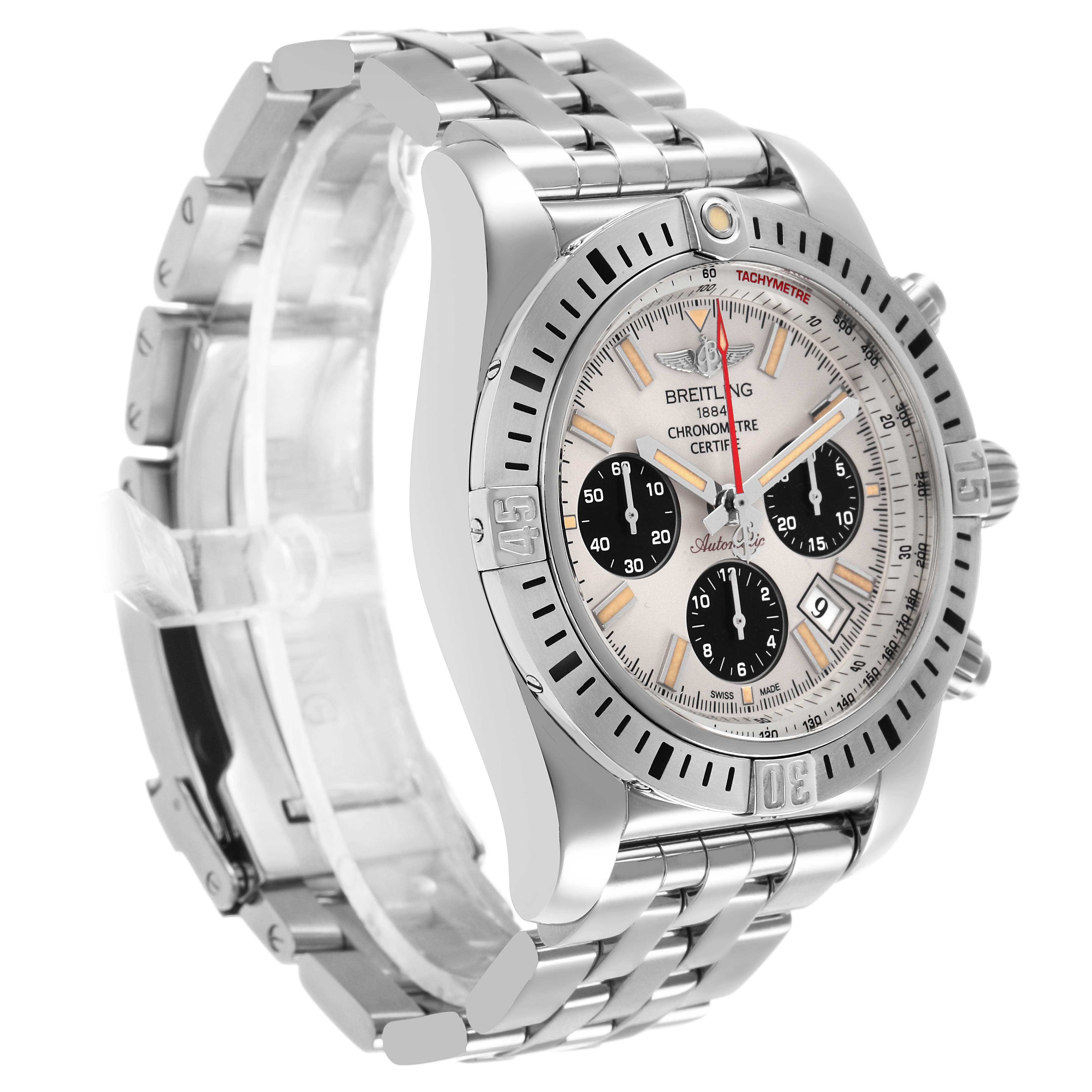 The Breitling Chronomat AB0115 Men's Stainless Steel Silver Dial watch is shown at a three-quarter angle, displaying the face, bezel, and bracelet.